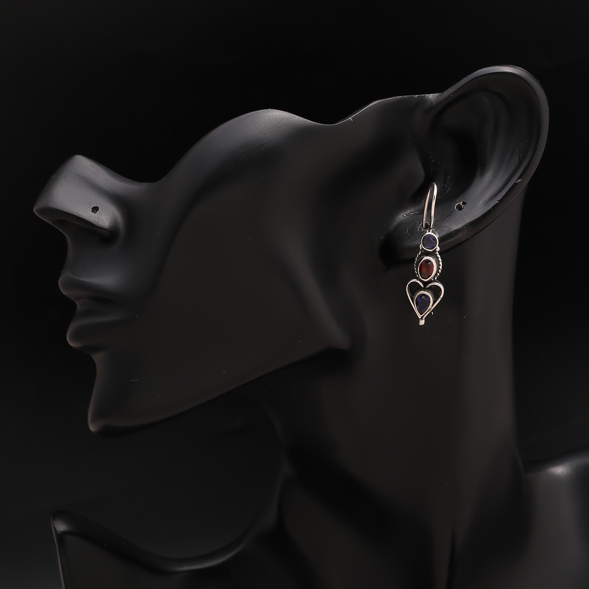 925 Silver Garnet and Iolite Dangle Earrings