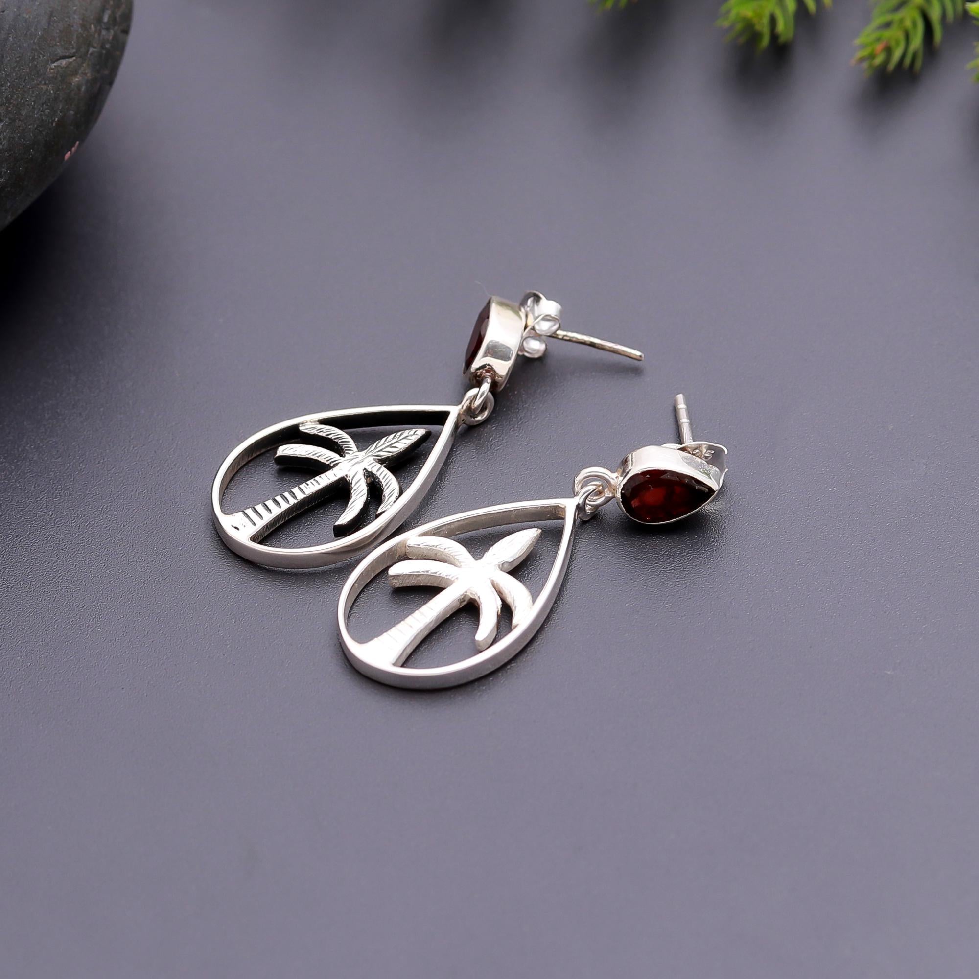 925 Silver Palm Tree Garnet Drop Earrings