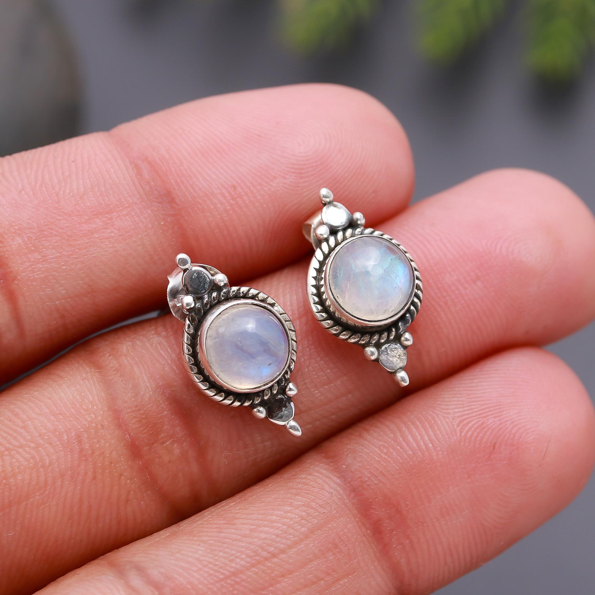 925 Silver Rainbow Moonstone Stud Earrings