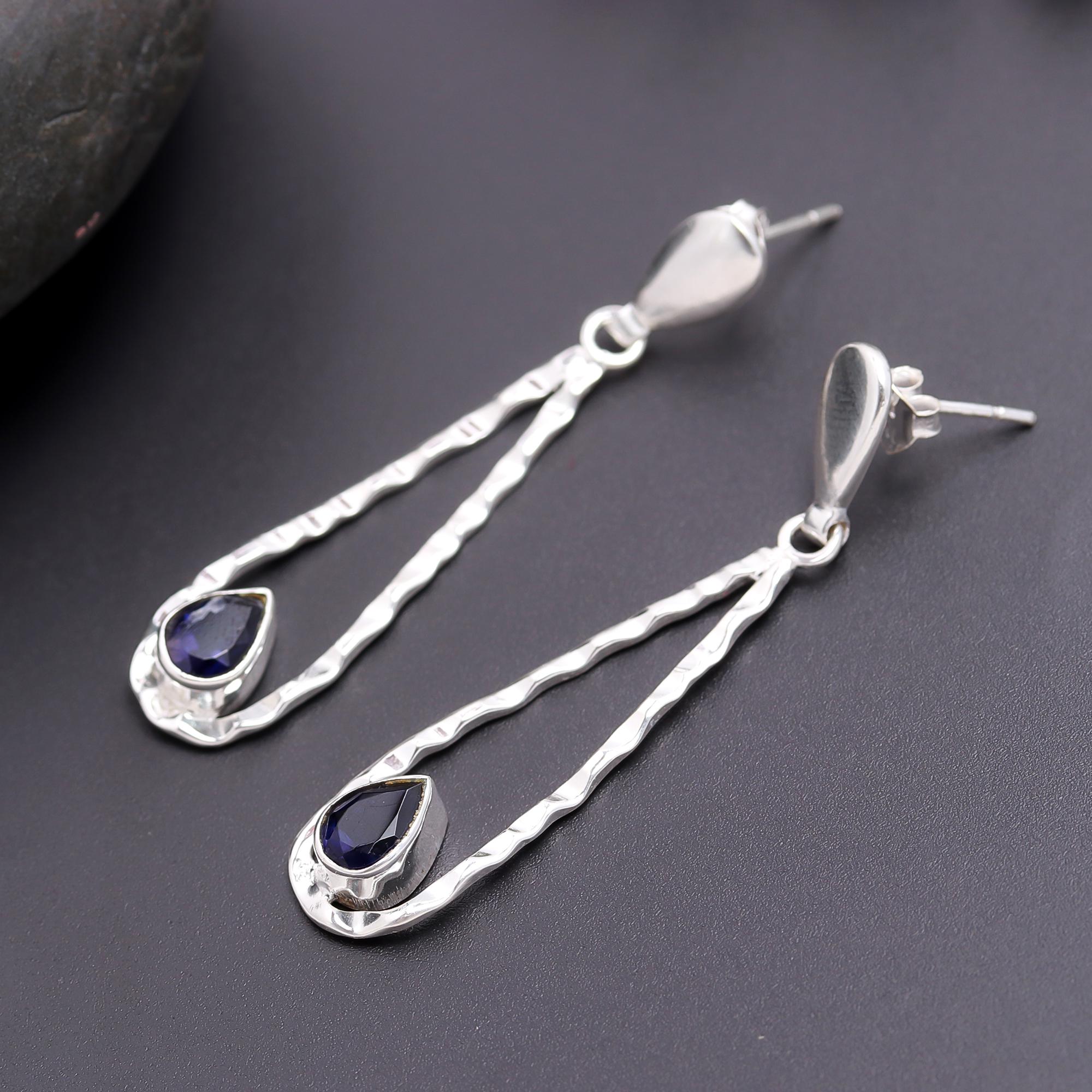 925 Silver Blue Sapphire Drop Earrings