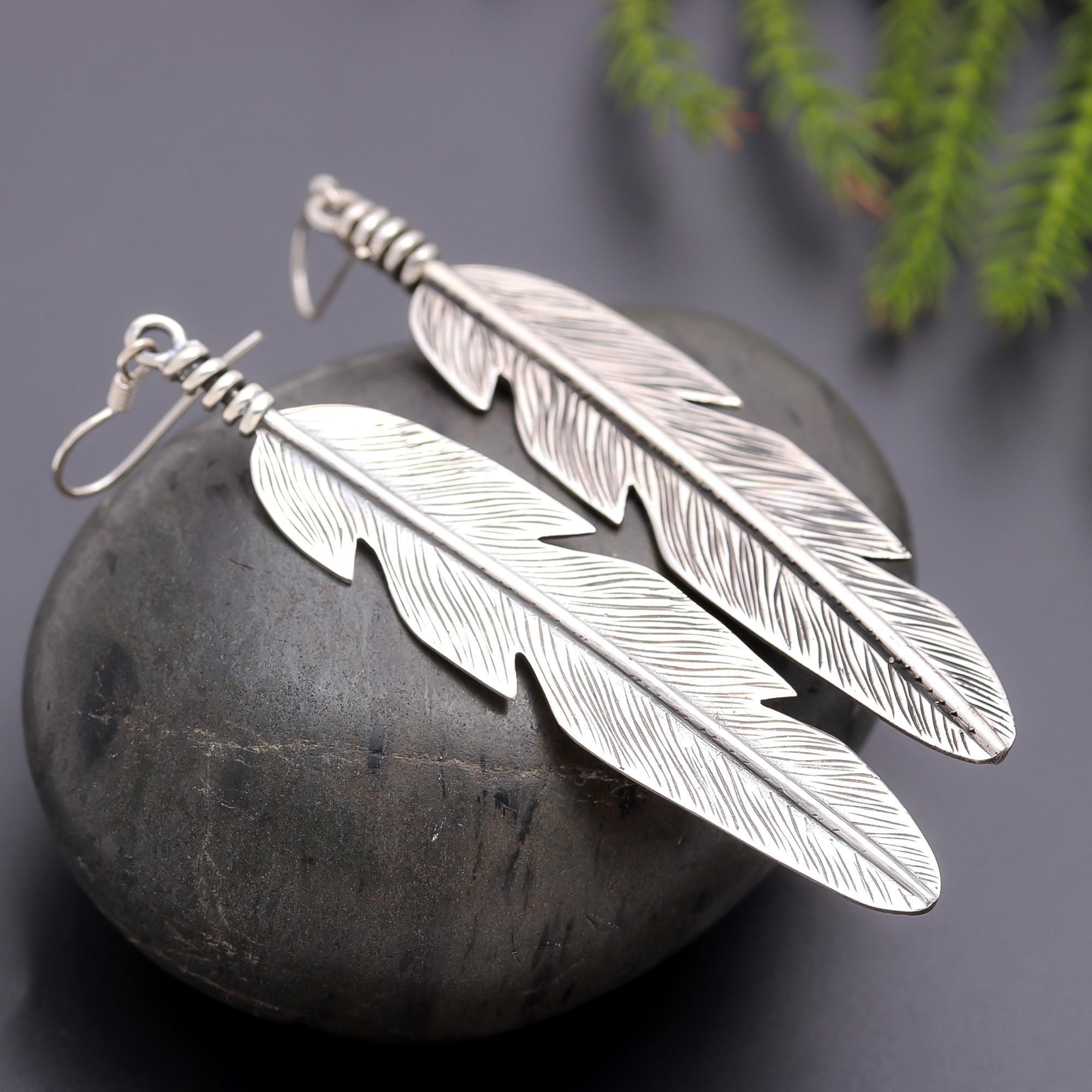 925 Silver Long Feather Dangle Earrings