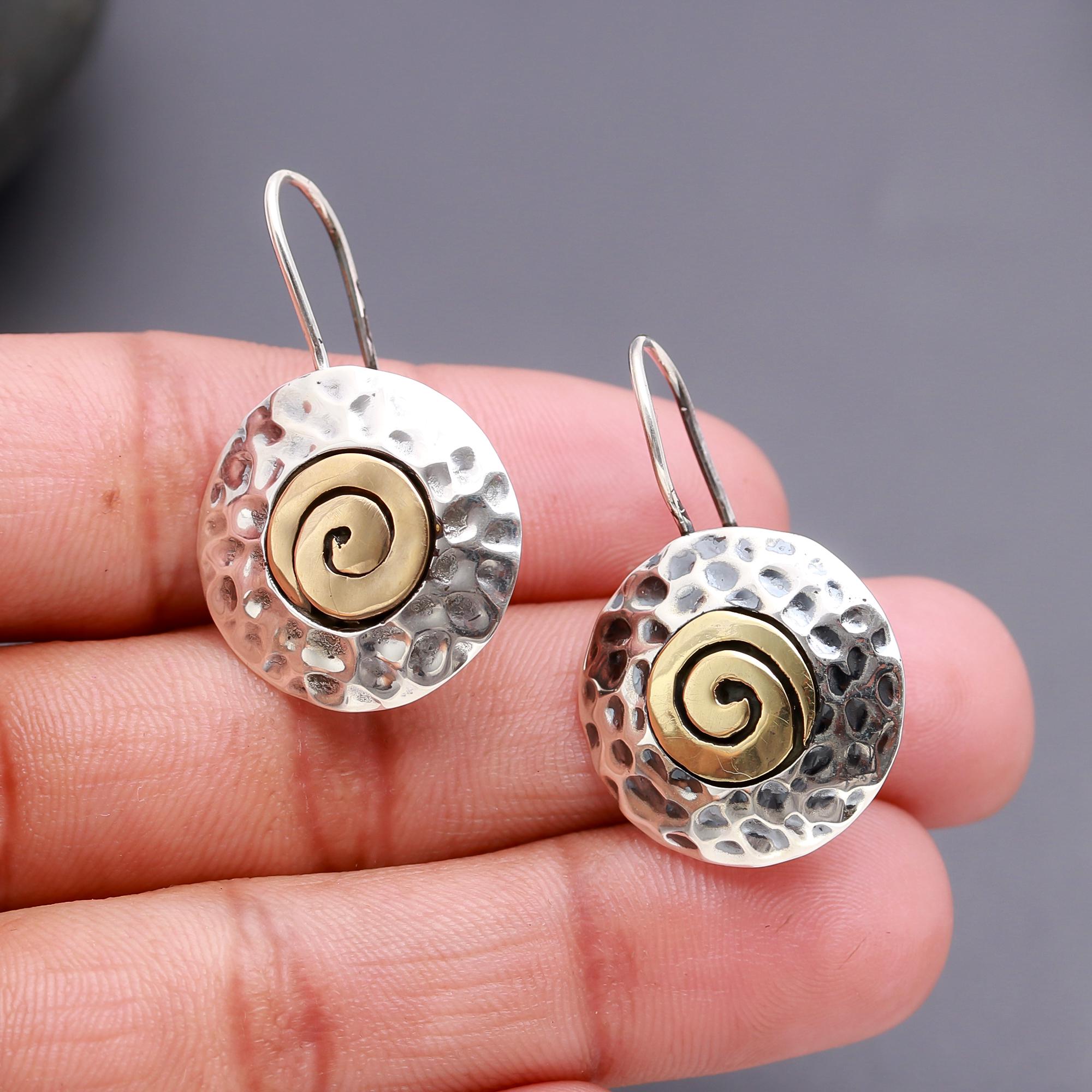 925 Silver Hammered Spiral Disc Dangle Earrings