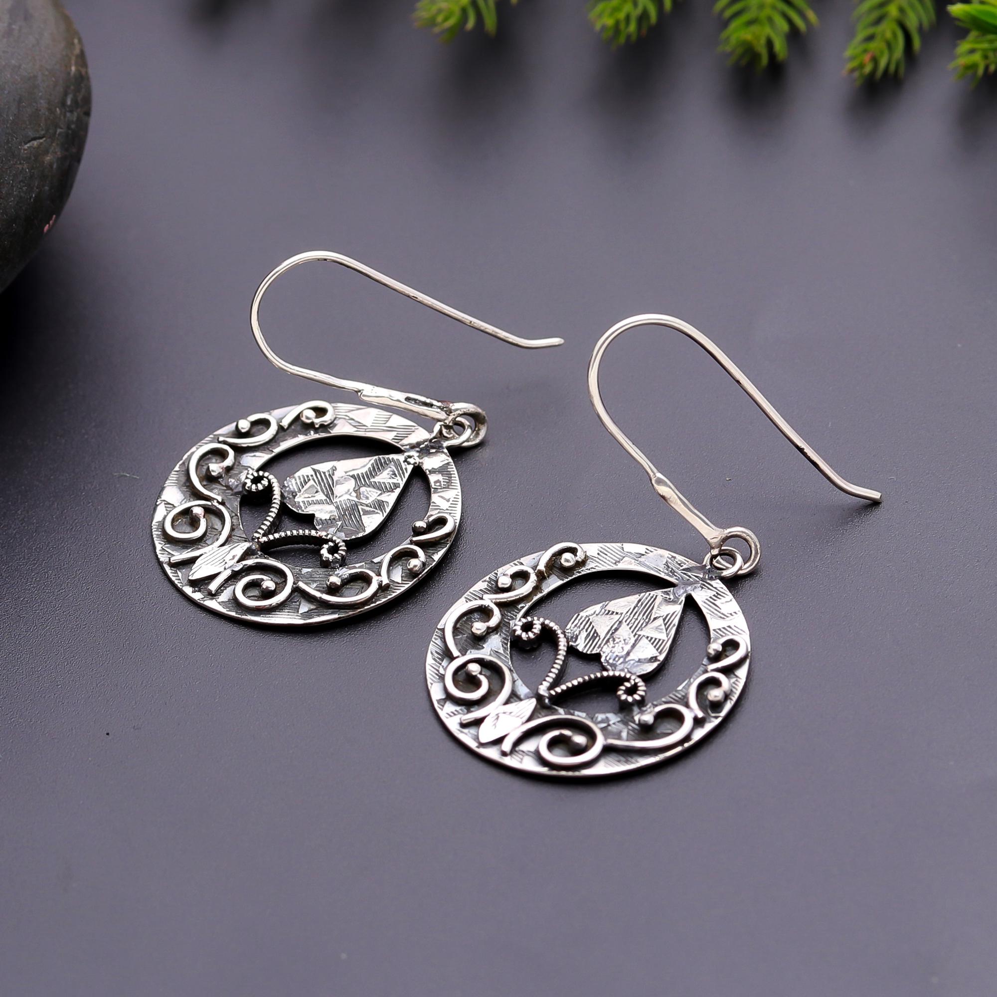 925 Silver Round Floral Pattern Dangle Earrings