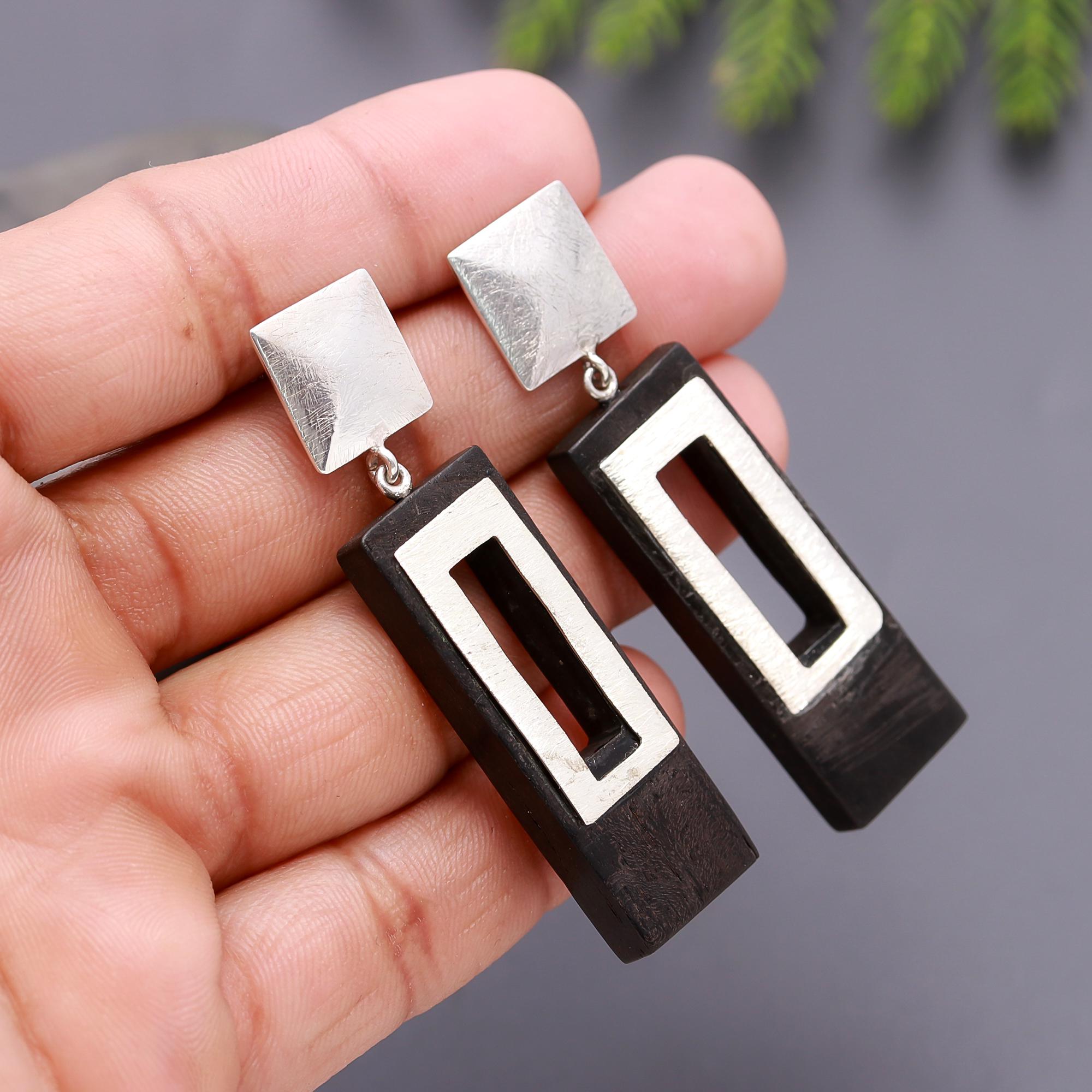 925 Silver and Wood Rectangle Drop Earrings