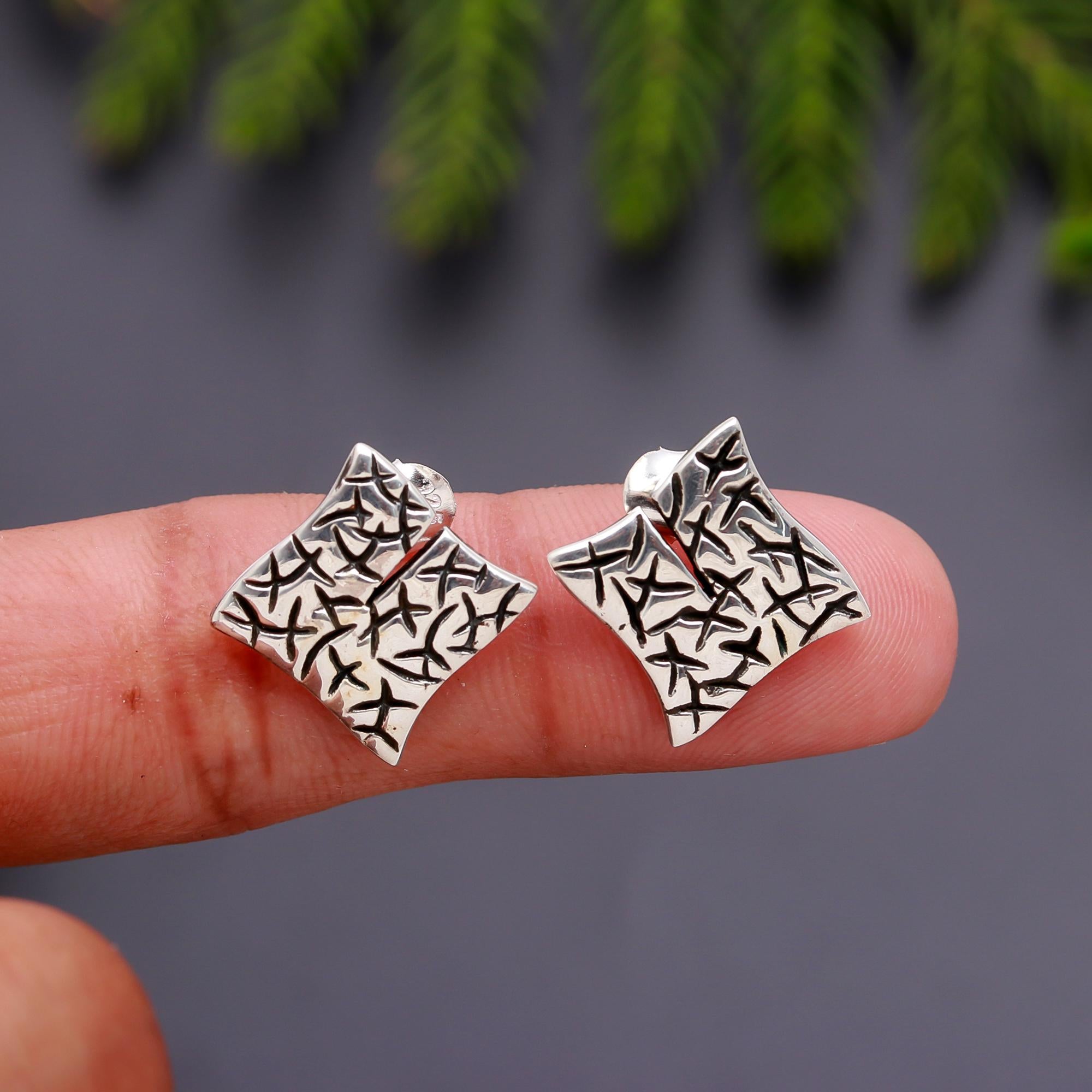 925 Silver Textured Square Stud Earrings