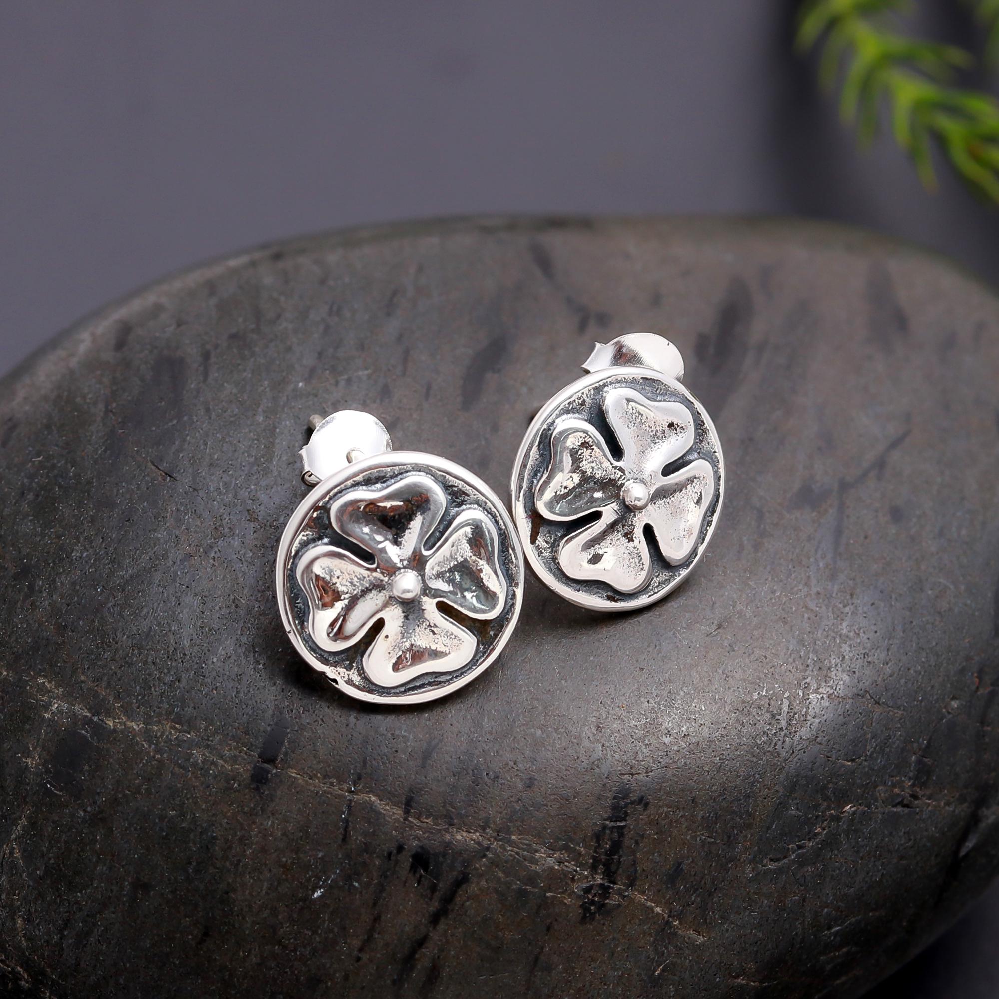 925 Silver Round Flower Stud Earrings