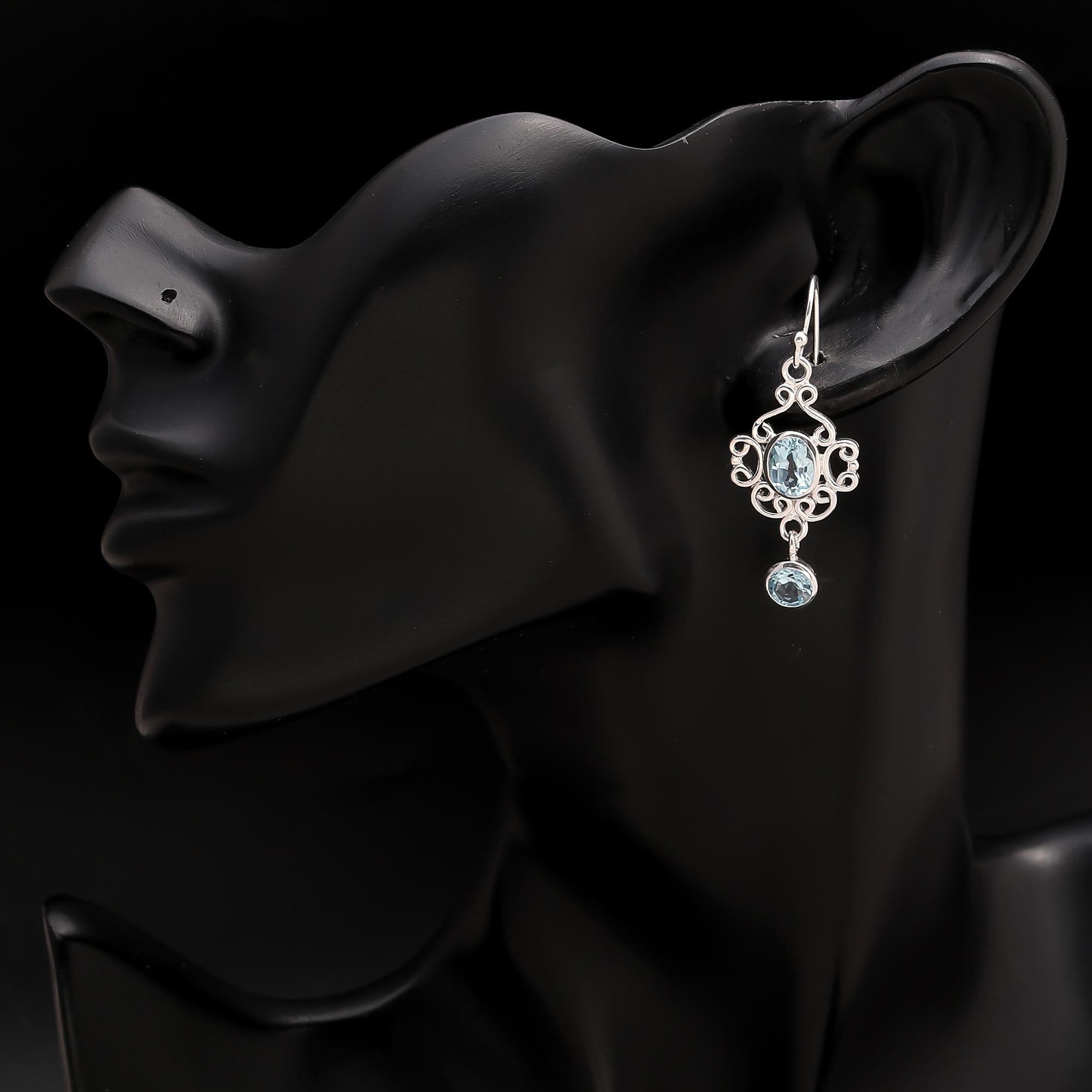 925 Silver Ornate Blue Topaz Dangle Earrings