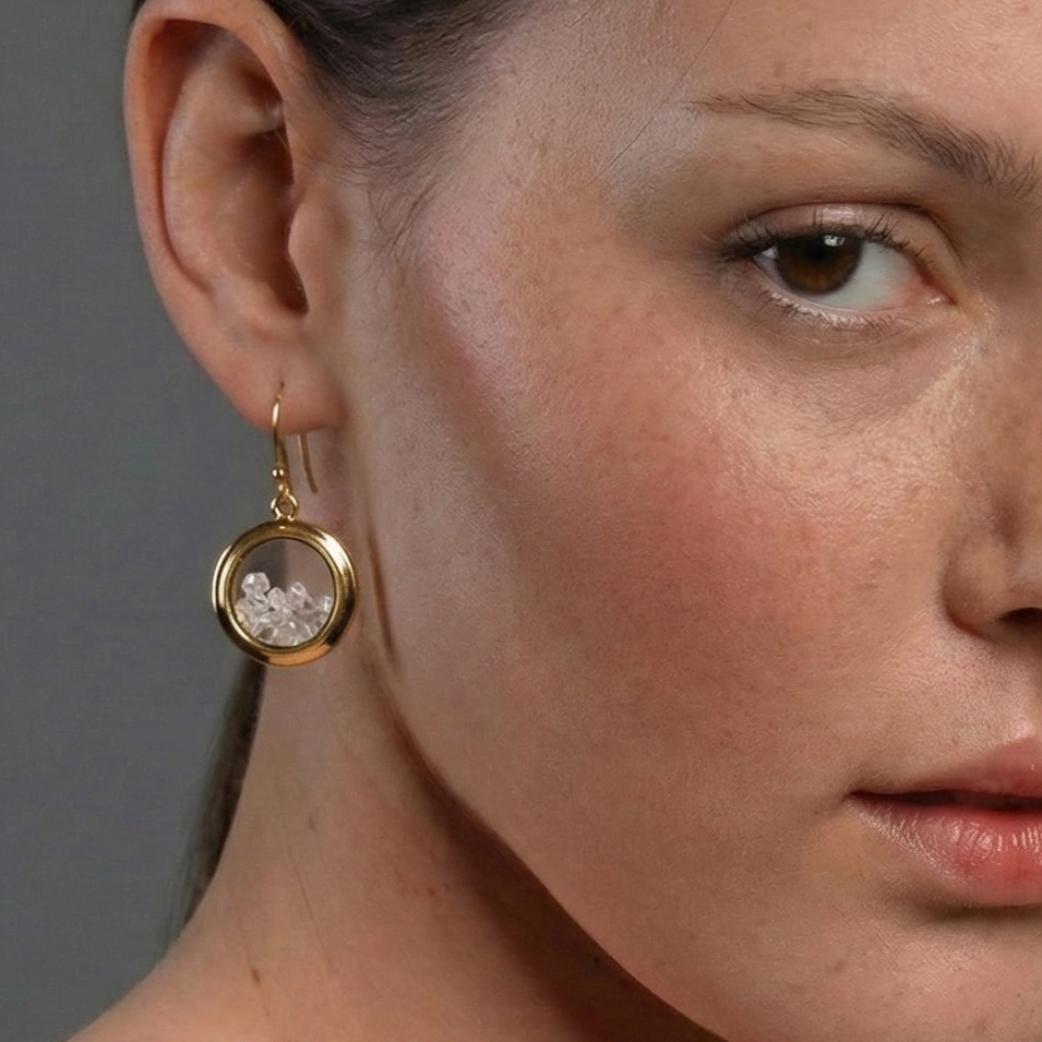 Close-up of a woman wearing a gold earring with a clear gemstone against a gray background