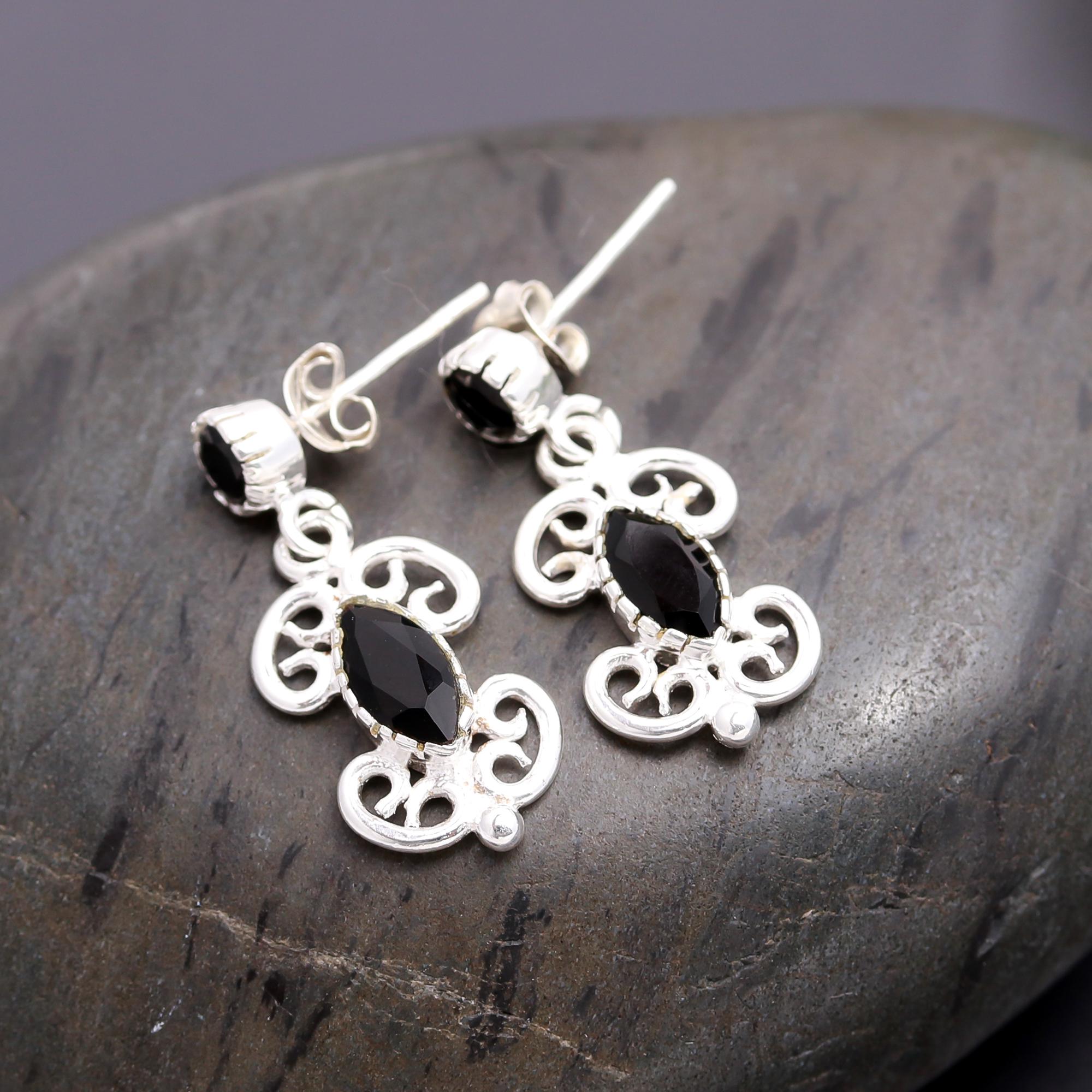 925 Silver Black Onyx Filigree Drop Earrings