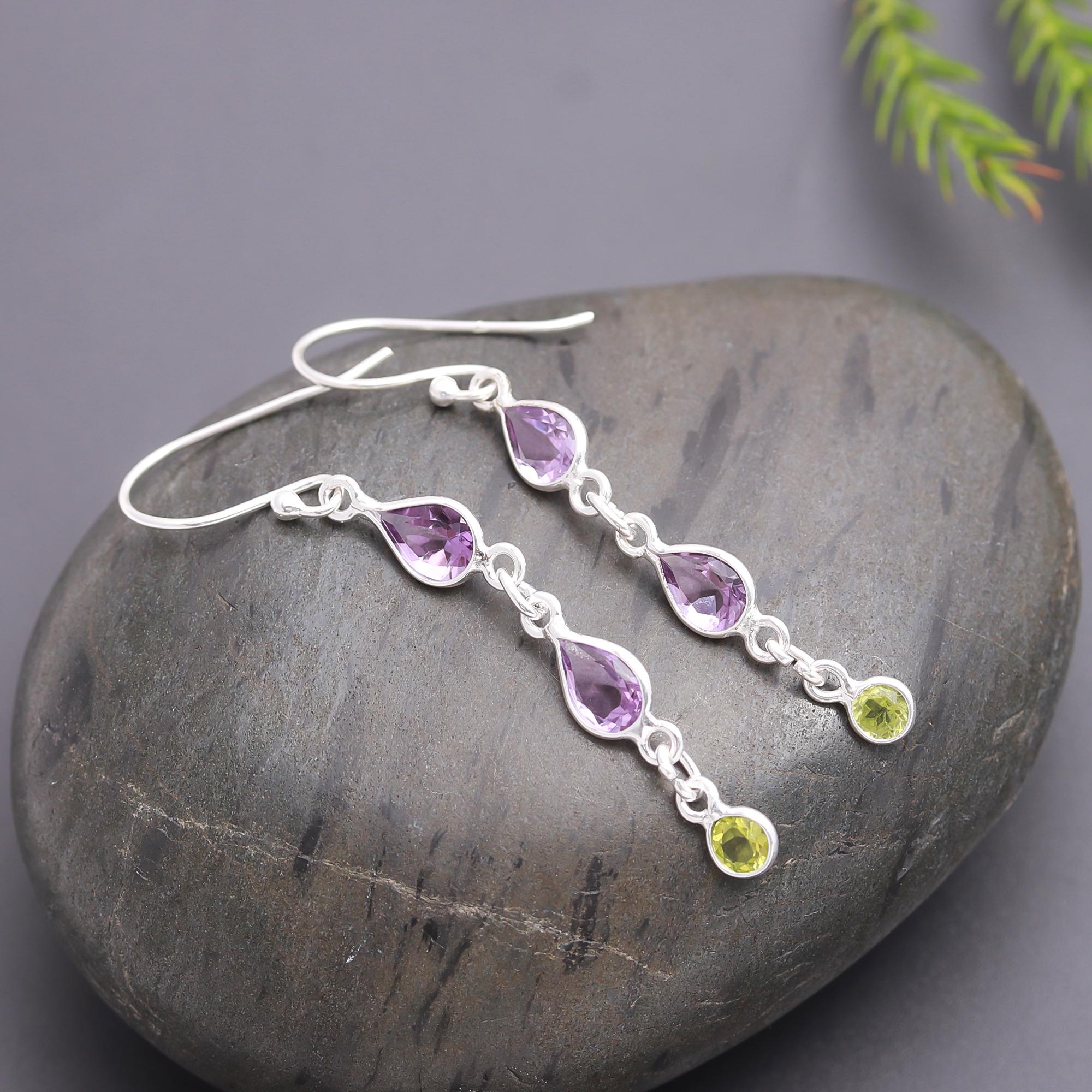 925 Silver Amethyst and Peridot Long Dangle Earrings