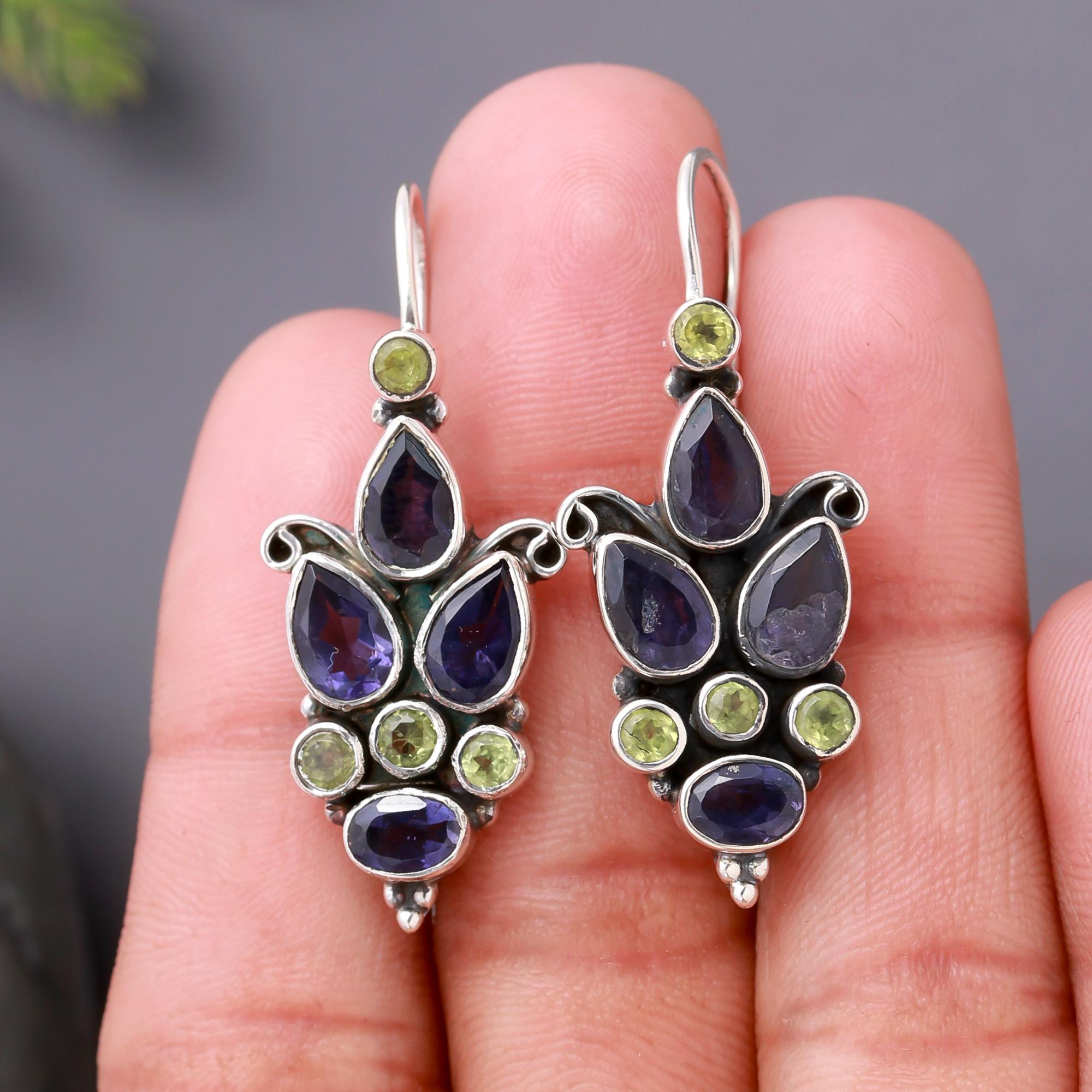 925 Silver Iolite and Peridot Dangle Earrings