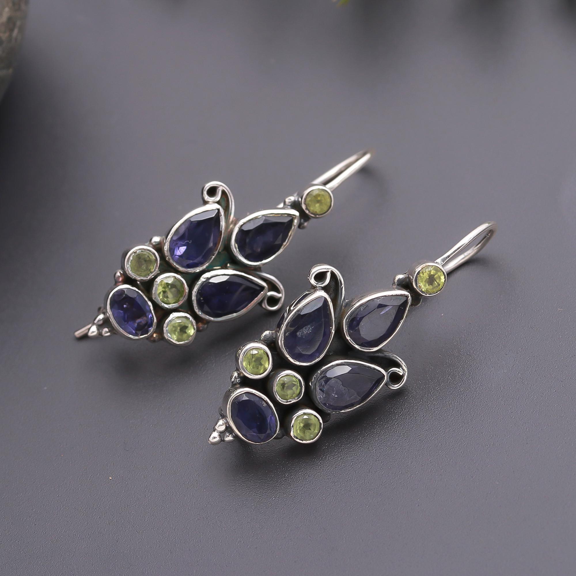 925 Silver Iolite and Peridot Dangle Earrings
