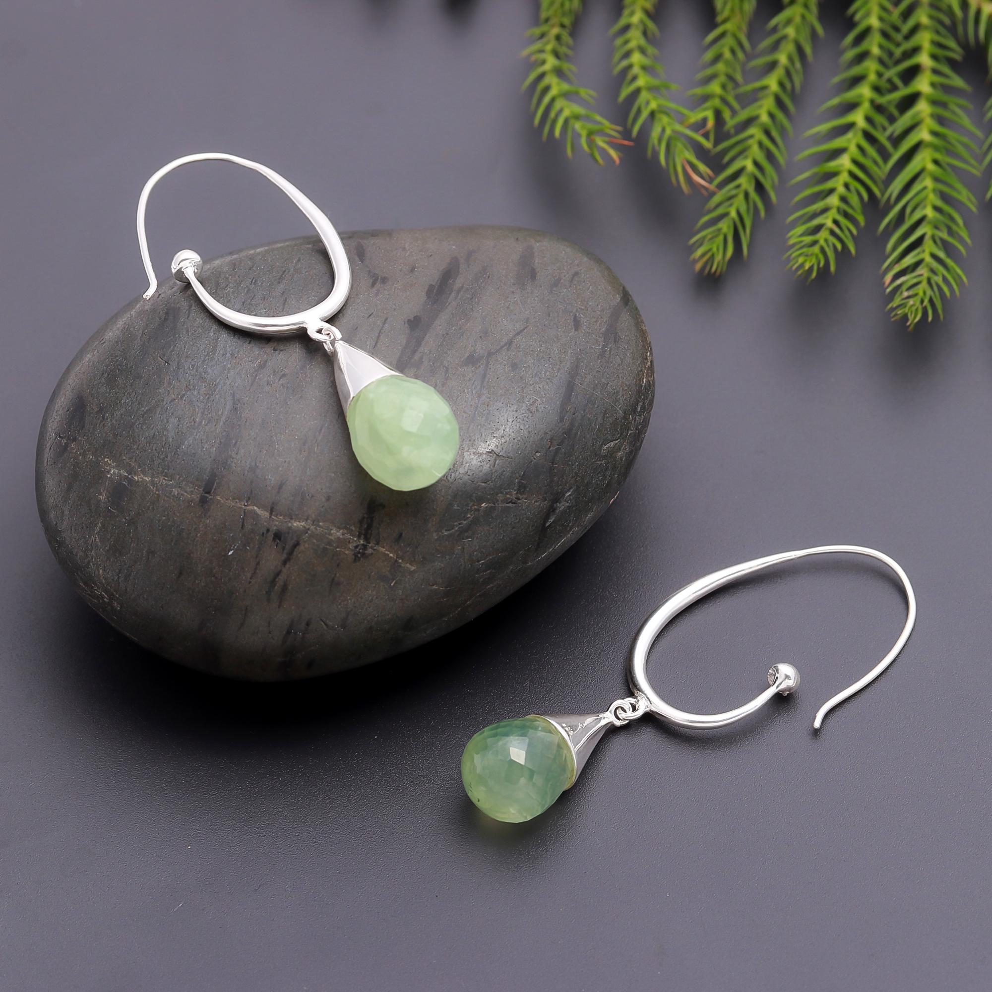 925 Silver Green Prehnite Dangle Earrings