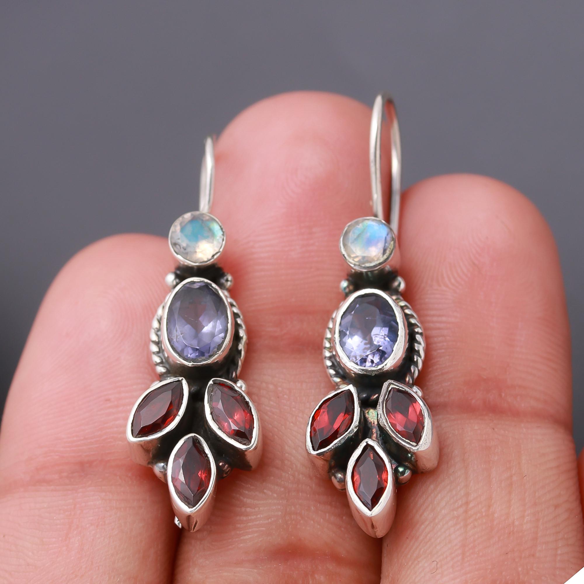925 Silver Multi-Stone Dangle Earrings