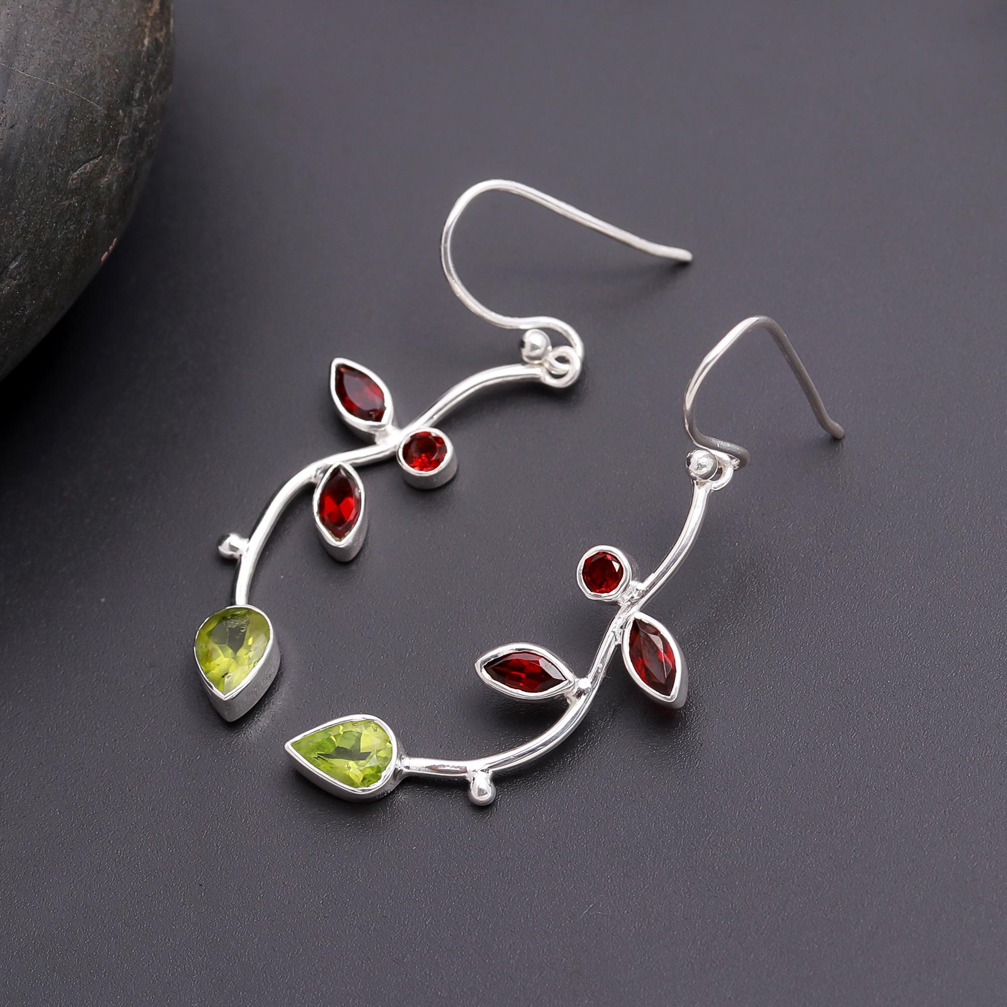 925 Silver Peridot and Garnet Leaf Dangle Earrings