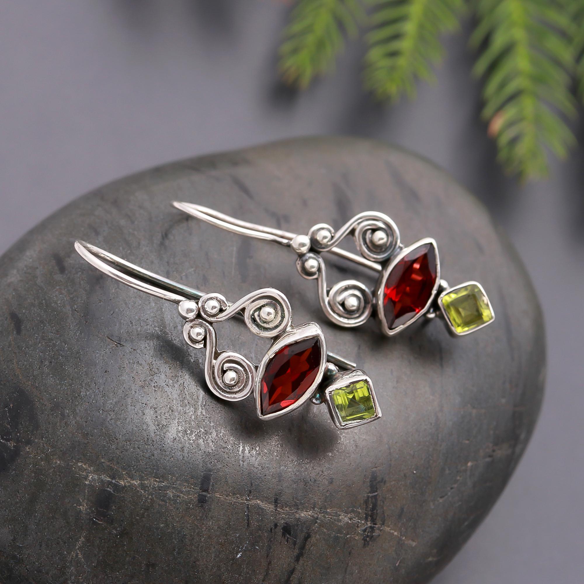 925 Silver Garnet & Peridot Dangle Earrings