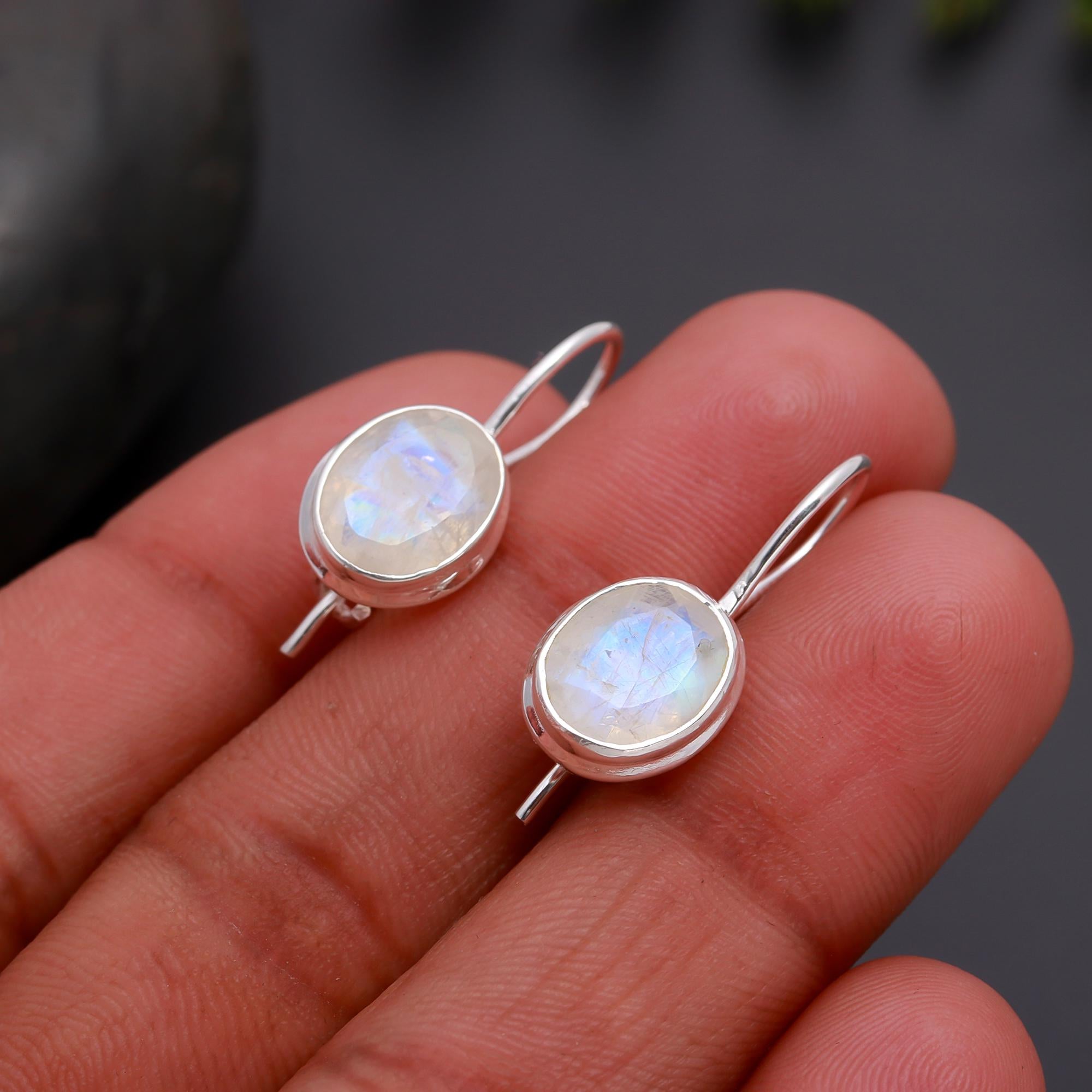 925 Silver Rainbow Moonstone Dangle Earrings