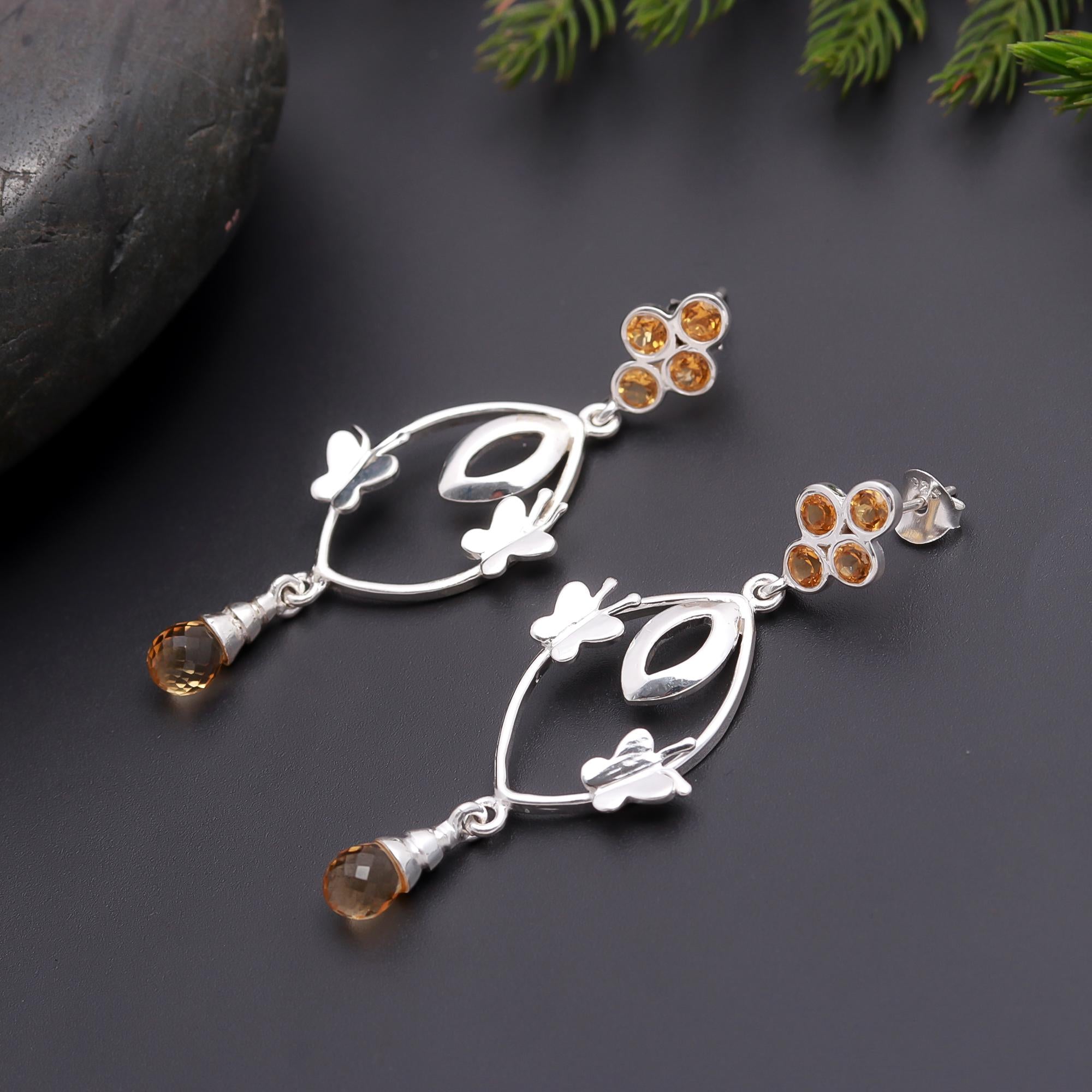 925 Silver Citrine and Smoky Quartz Butterfly Drop Earrings