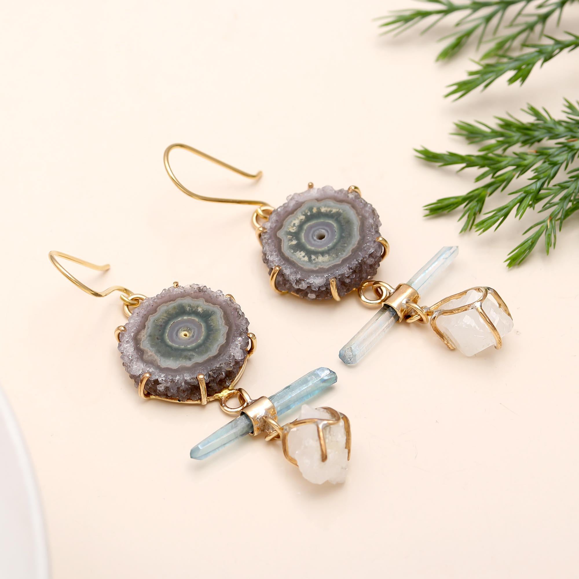Designer Brass Earrings with Amethyst Stalactite Drusy Drops