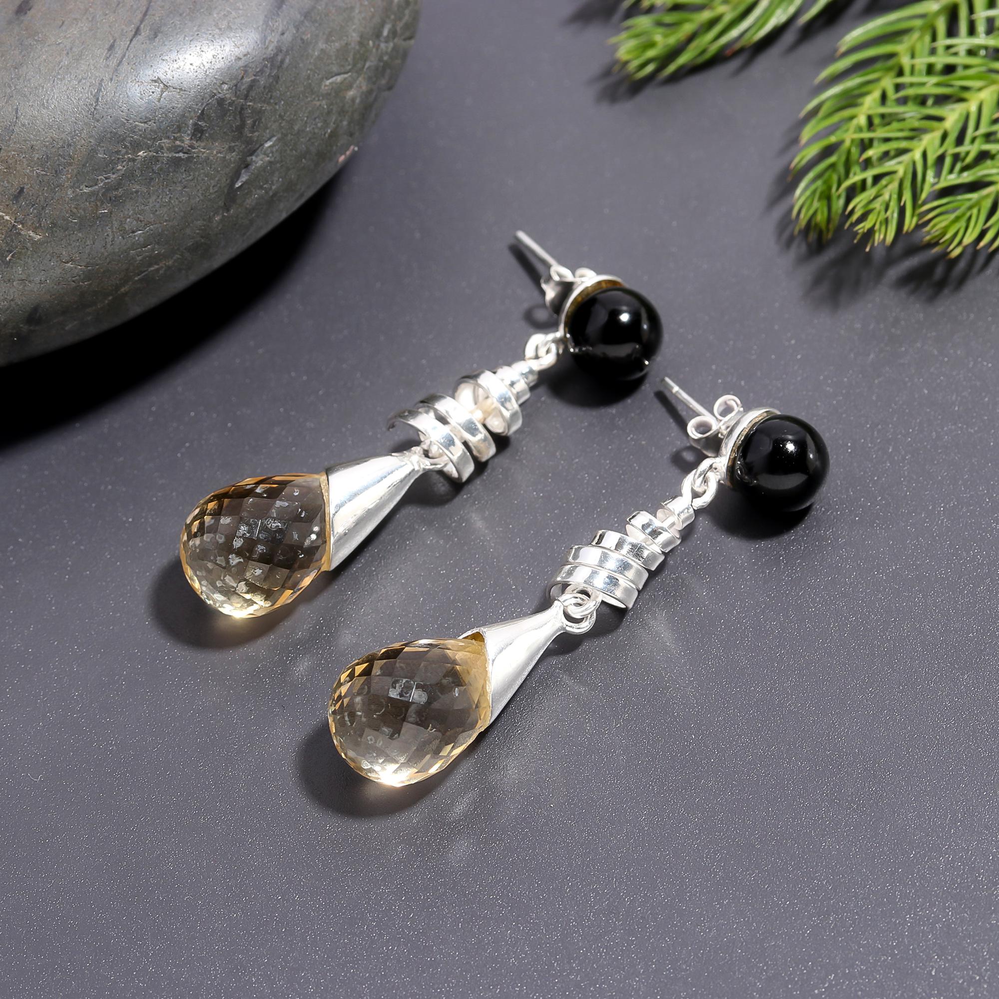 925 Silver Black Onyx and Citrine Drop Earrings