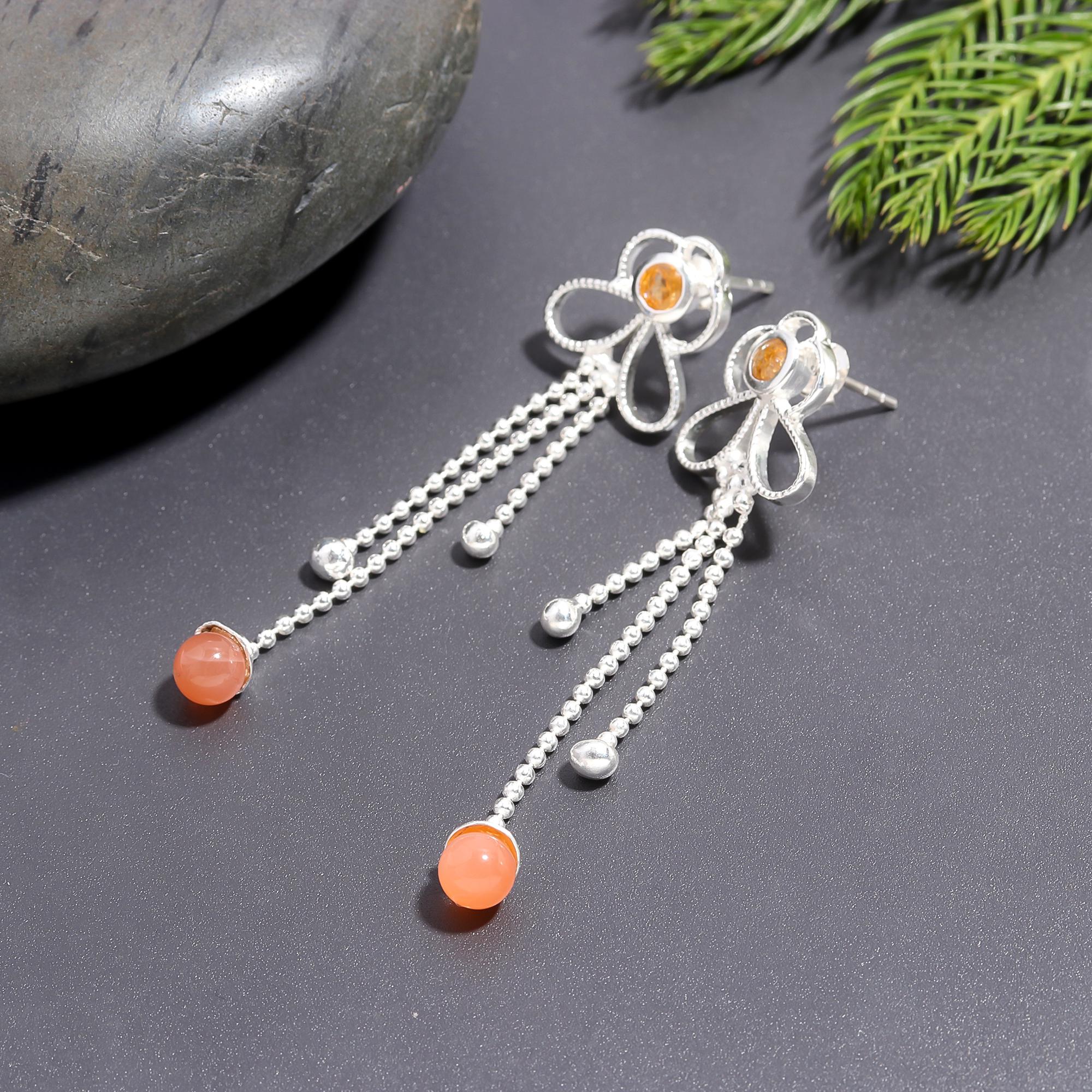 925 Silver Citrine and Beaded Tassel Drop Earrings