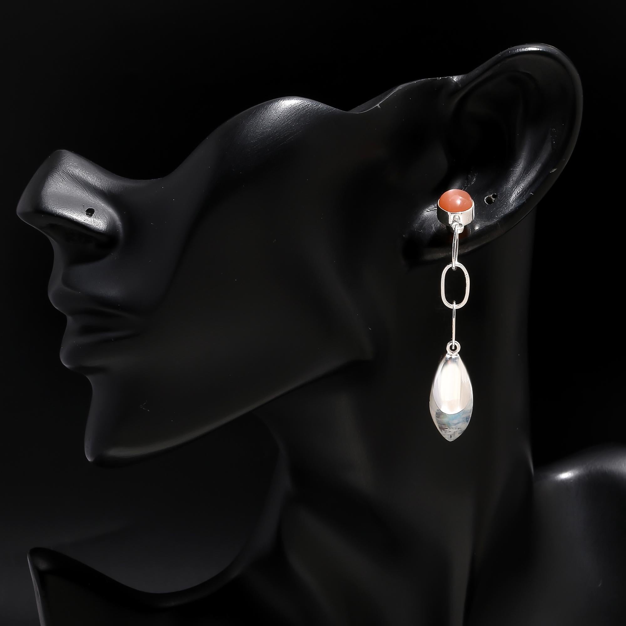 925 Silver Carnelian and Moonstone Chain Drop Earrings