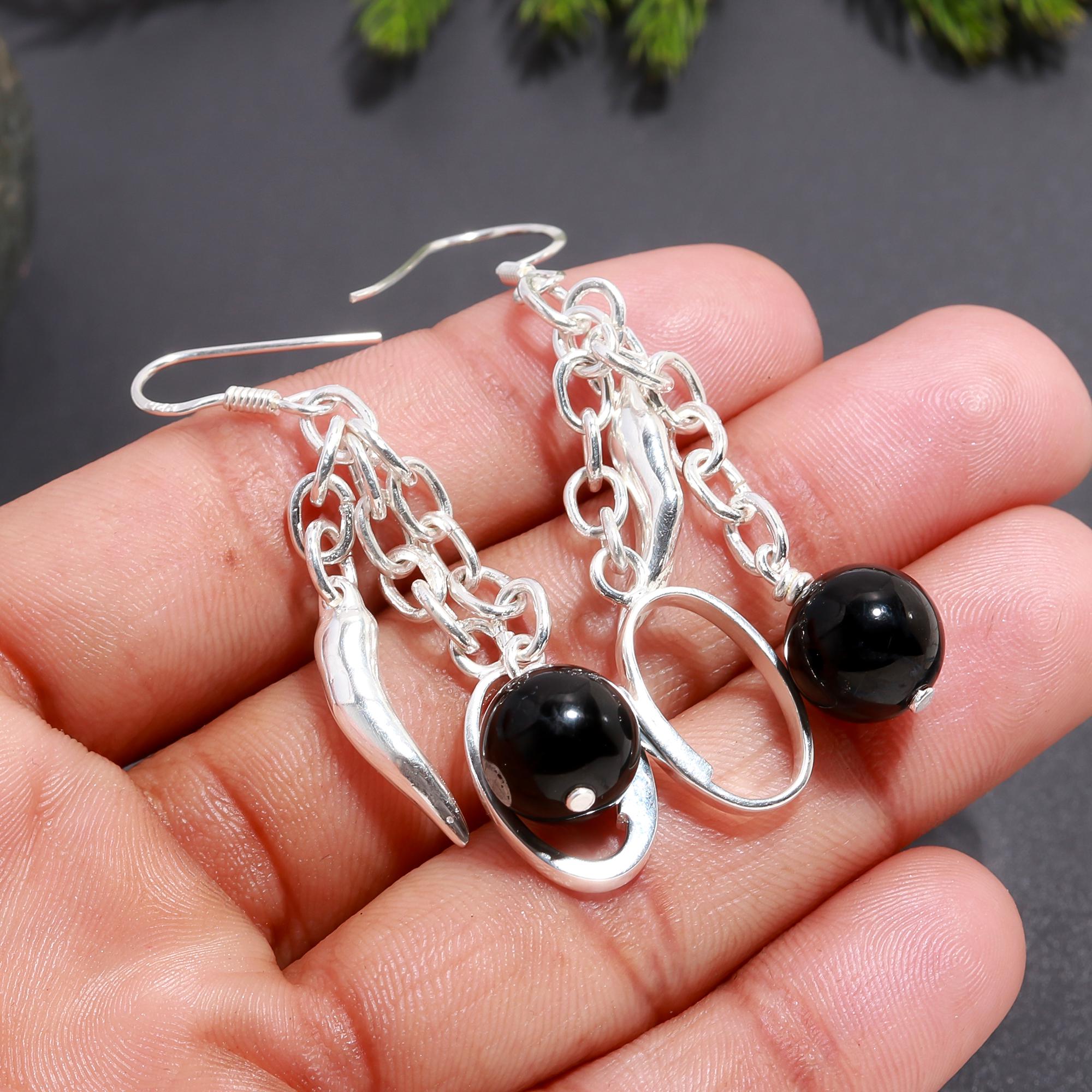 925 Silver Black Onyx Chain Dangle Earrings