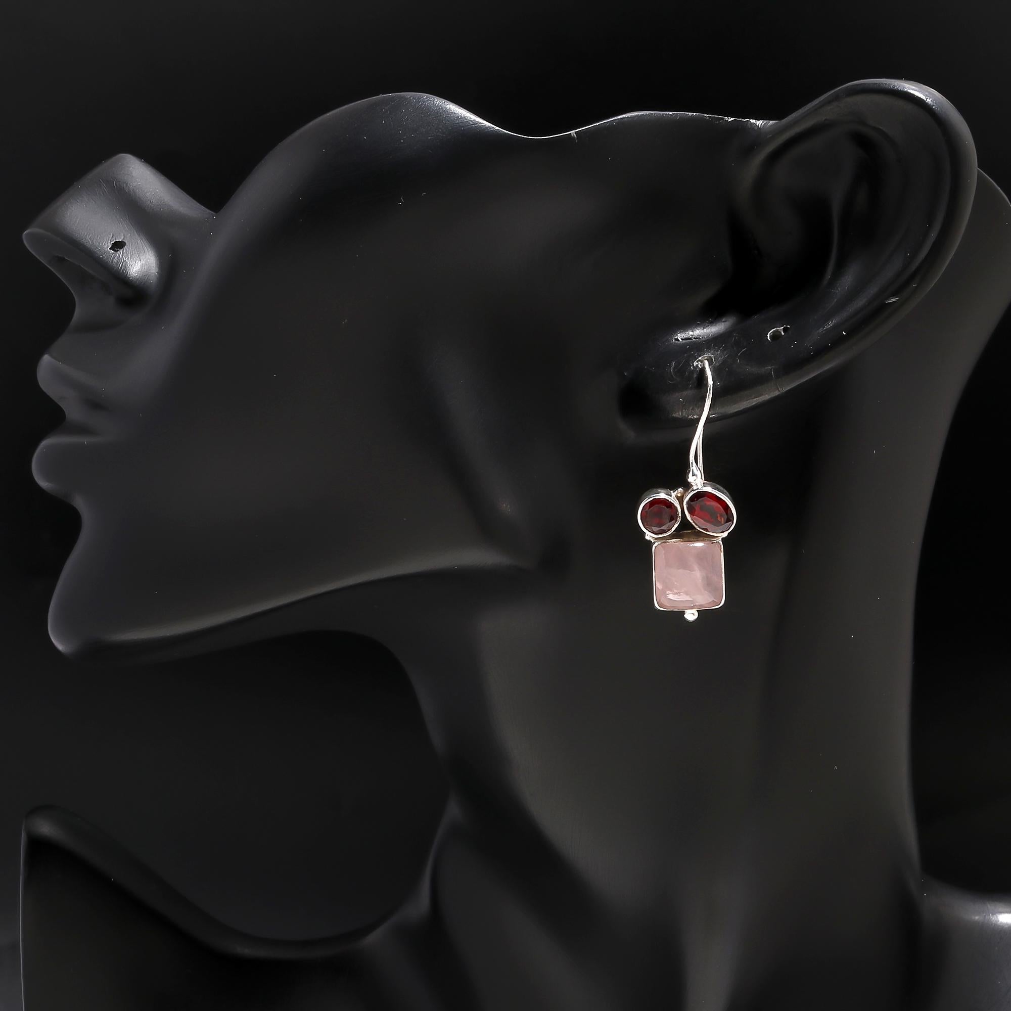 925 Silver Rose Quartz and Garnet Dangle Earrings
