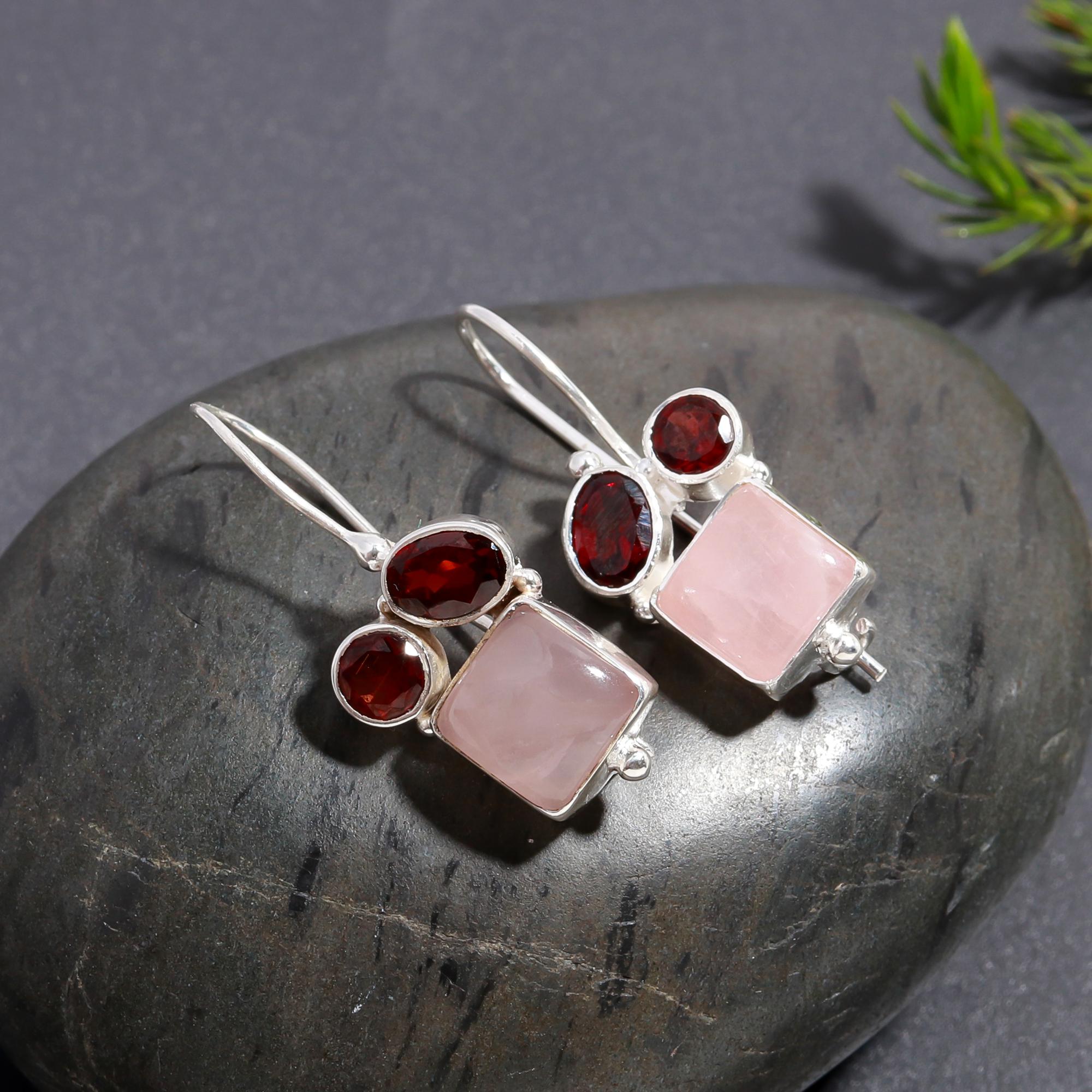 925 Silver Rose Quartz and Garnet Dangle Earrings
