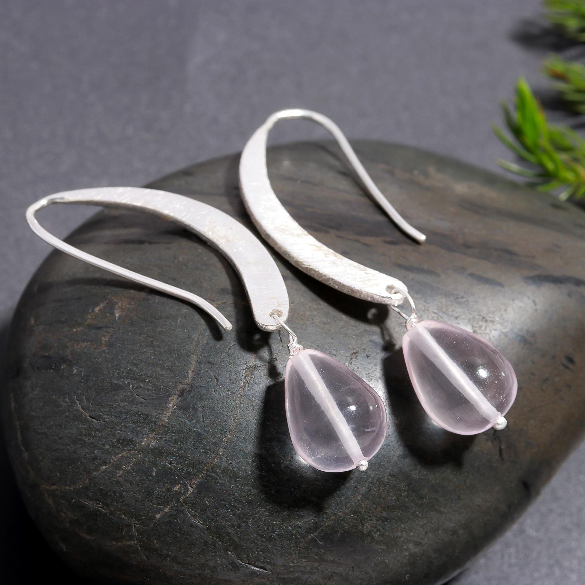 925 Silver Rose Quartz Dangle Earrings
