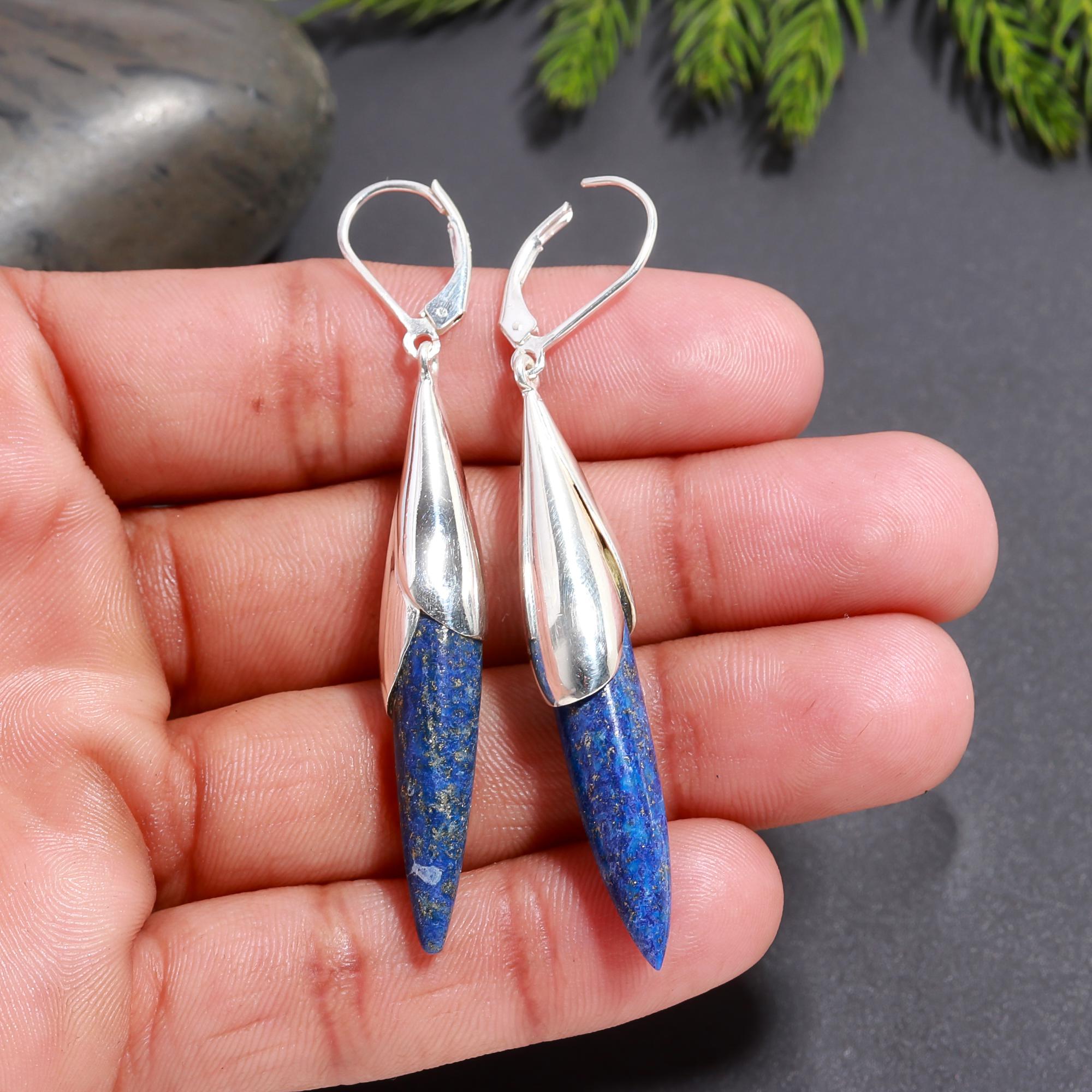 925 Silver Long Lapis Lazuli Spike Drop Earrings
