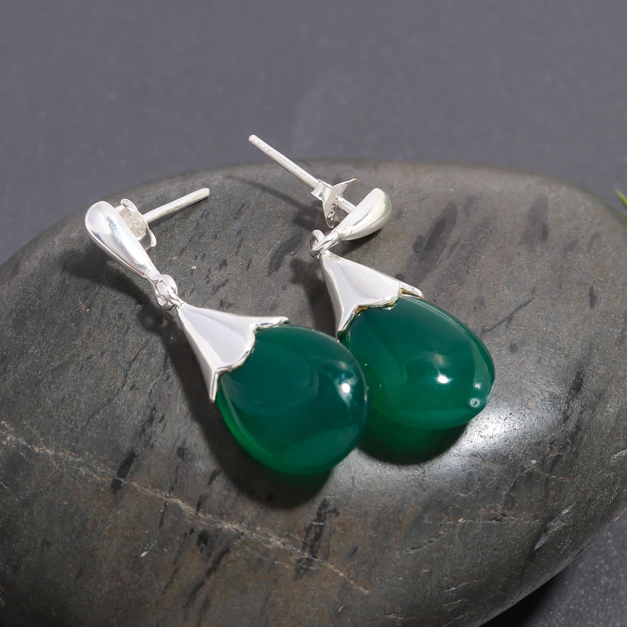 925 Silver Green Onyx Drop Earrings