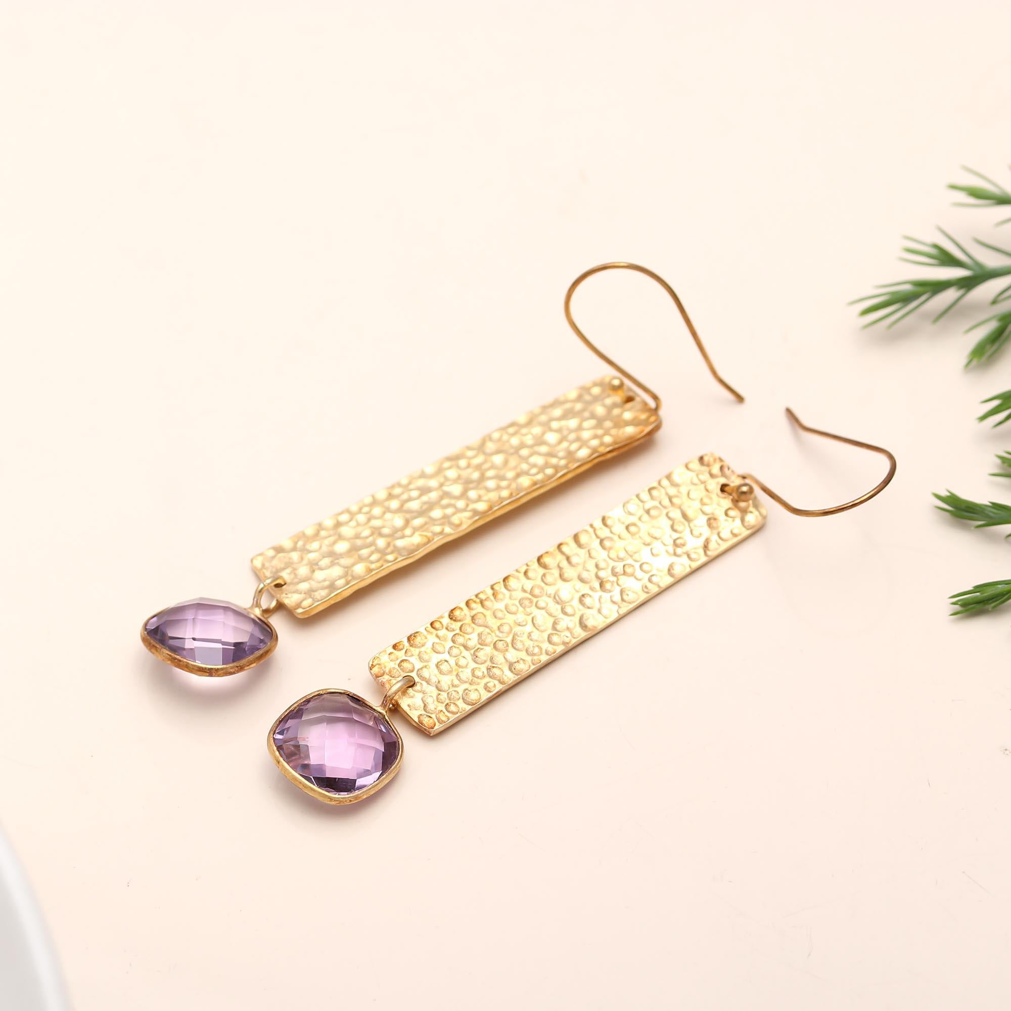 Brass Hammered Amethyst Dangle Earrings