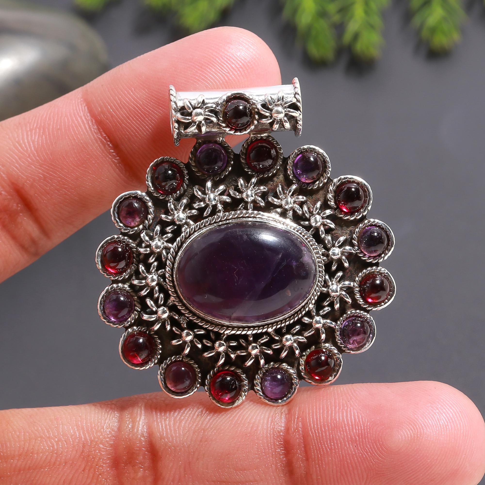 925 Silver Amethyst & Garnet Statement Pendant