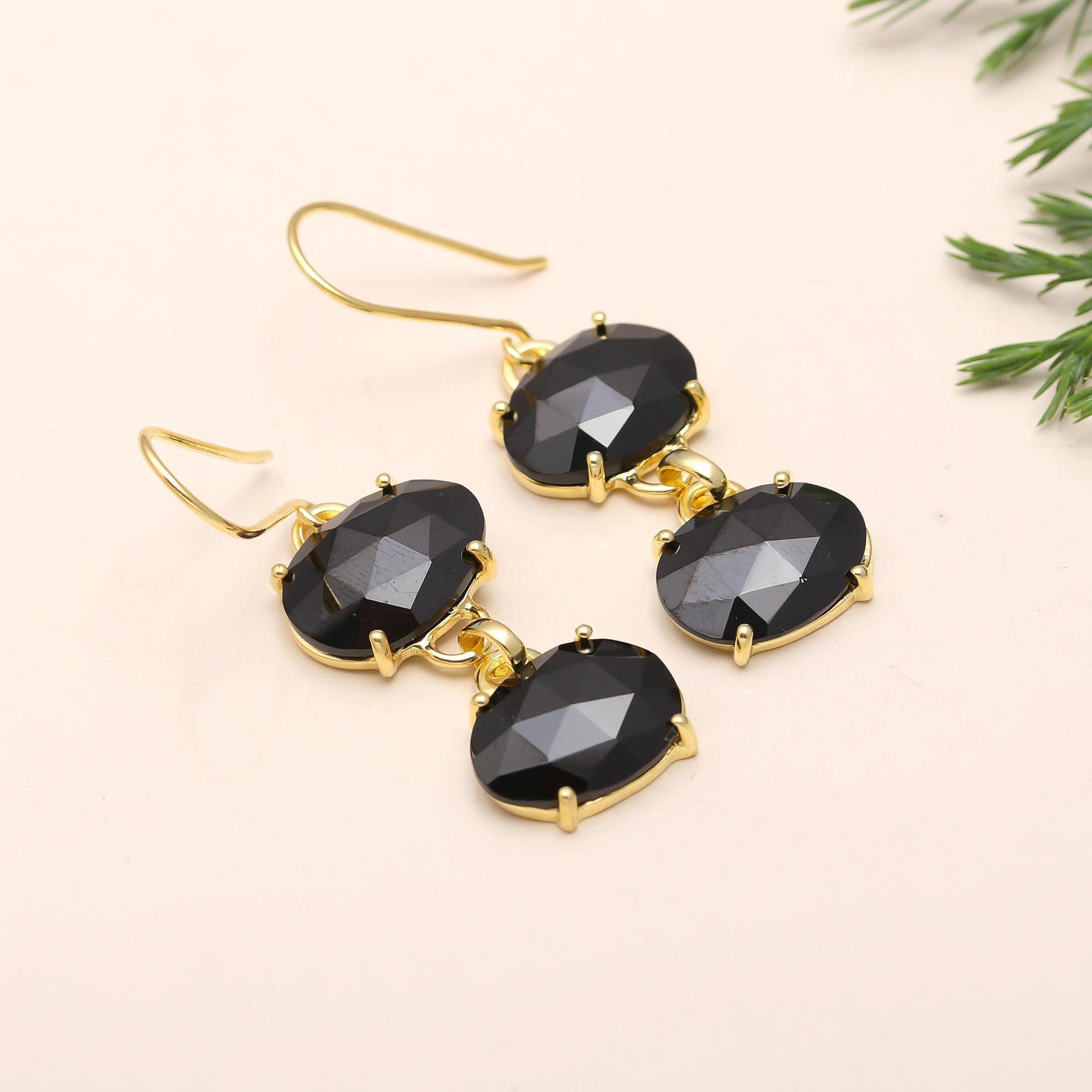 Designer Brass Earrings with Black Spinel Drops