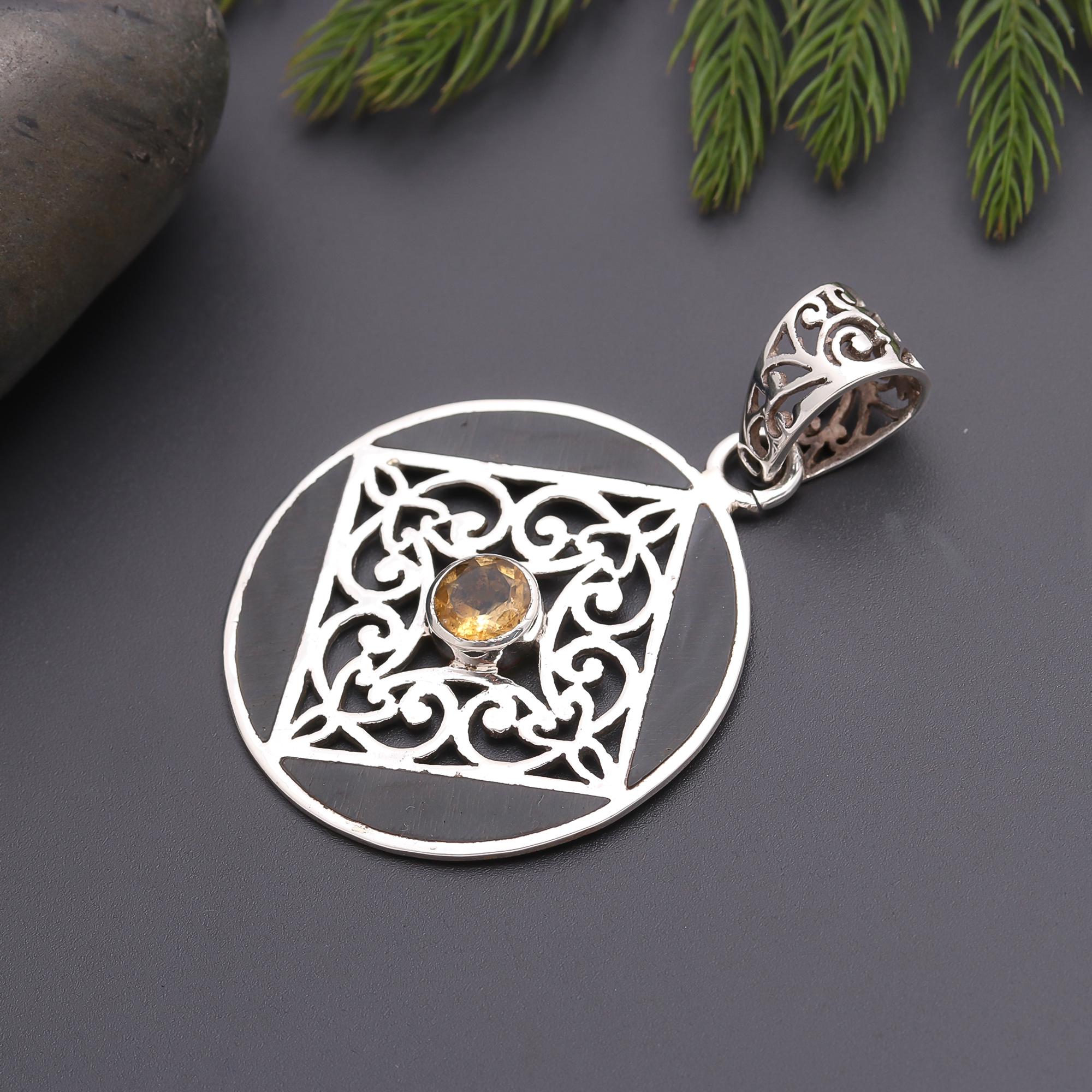 925 Silver Round Filigree Citrine Pendant