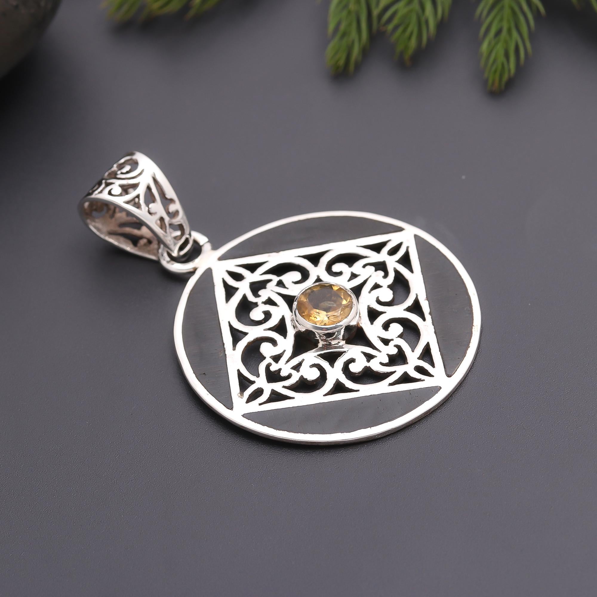 925 Silver Round Filigree Citrine Pendant