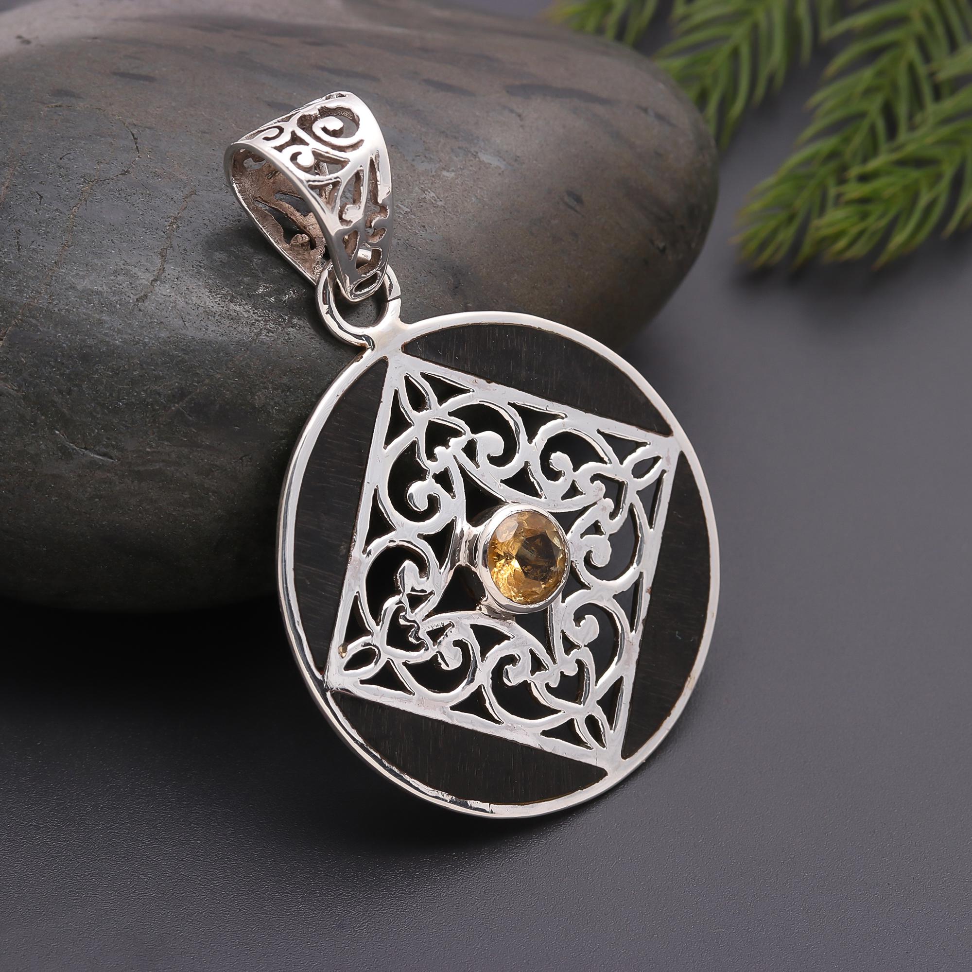 925 Silver Round Filigree Citrine Pendant