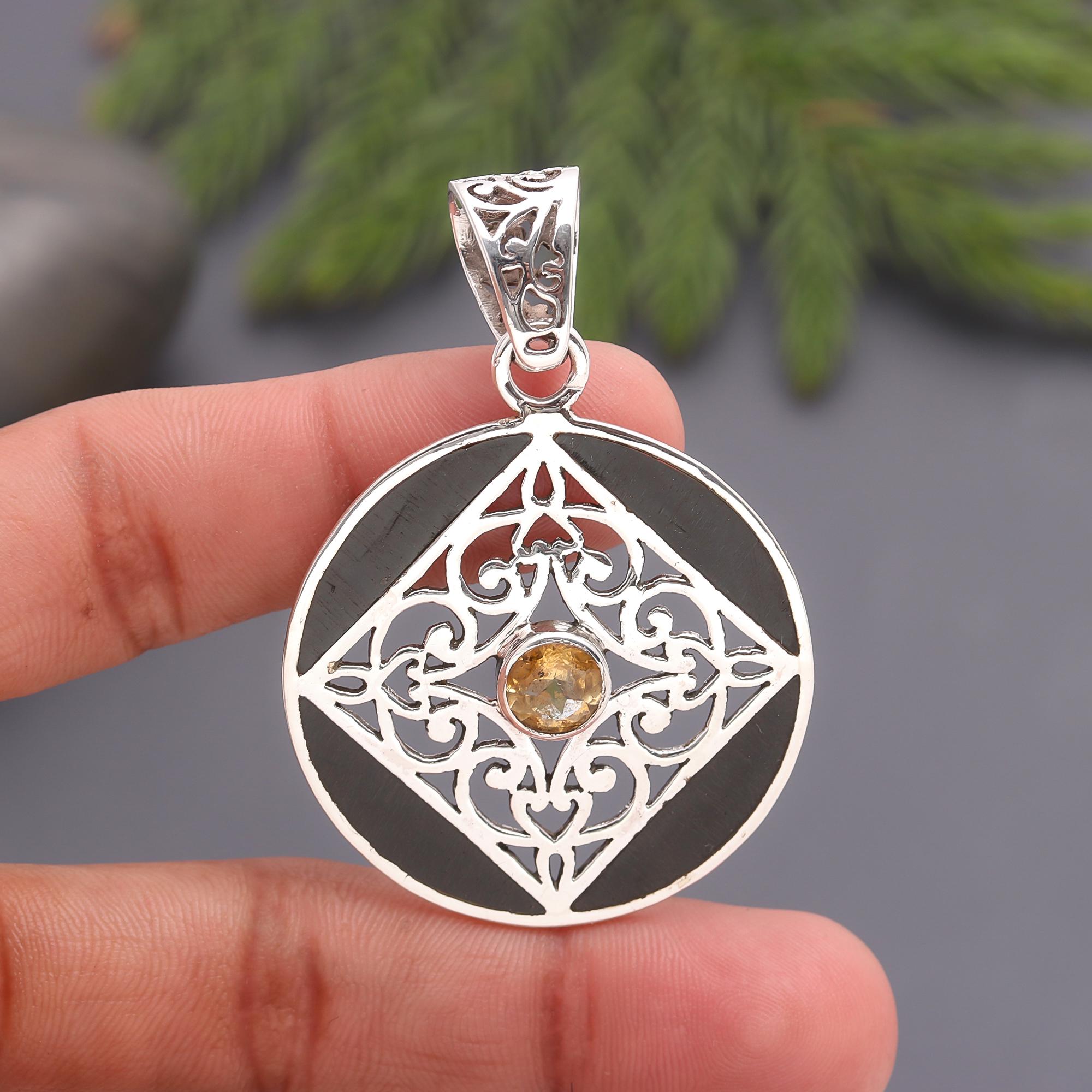 925 Silver Round Filigree Citrine Pendant