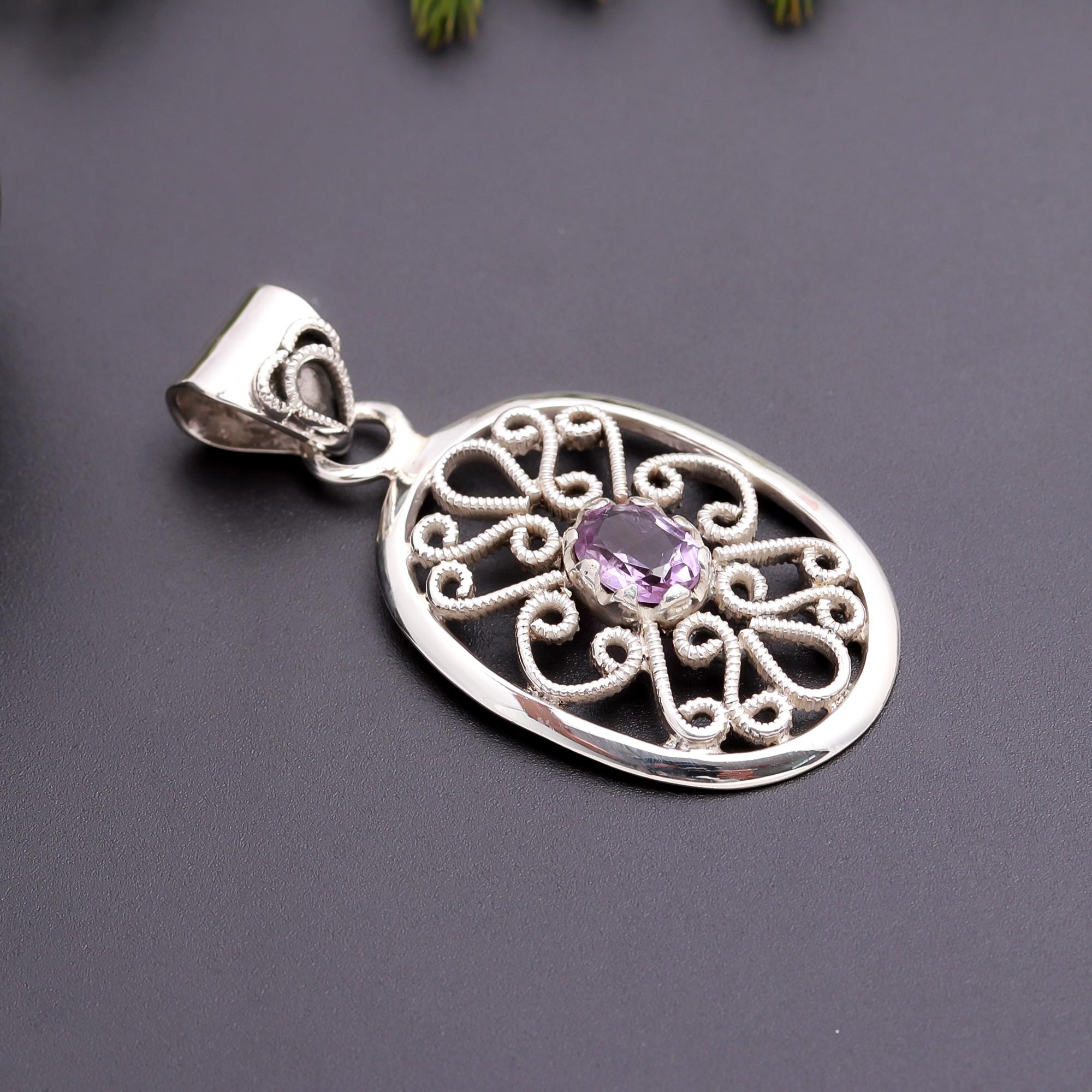 925 Silver Amethyst Filigree Pendant