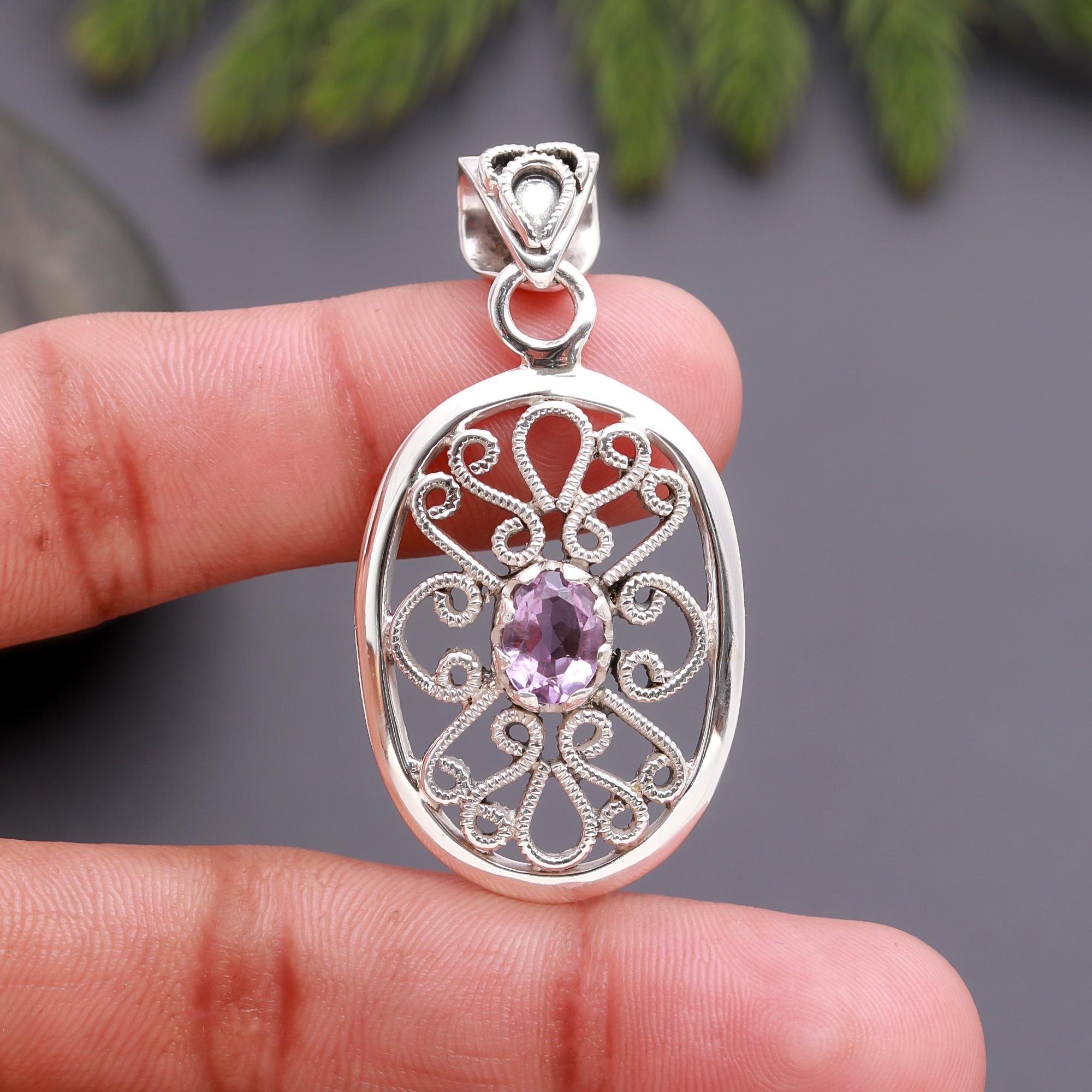 925 Silver Amethyst Filigree Pendant
