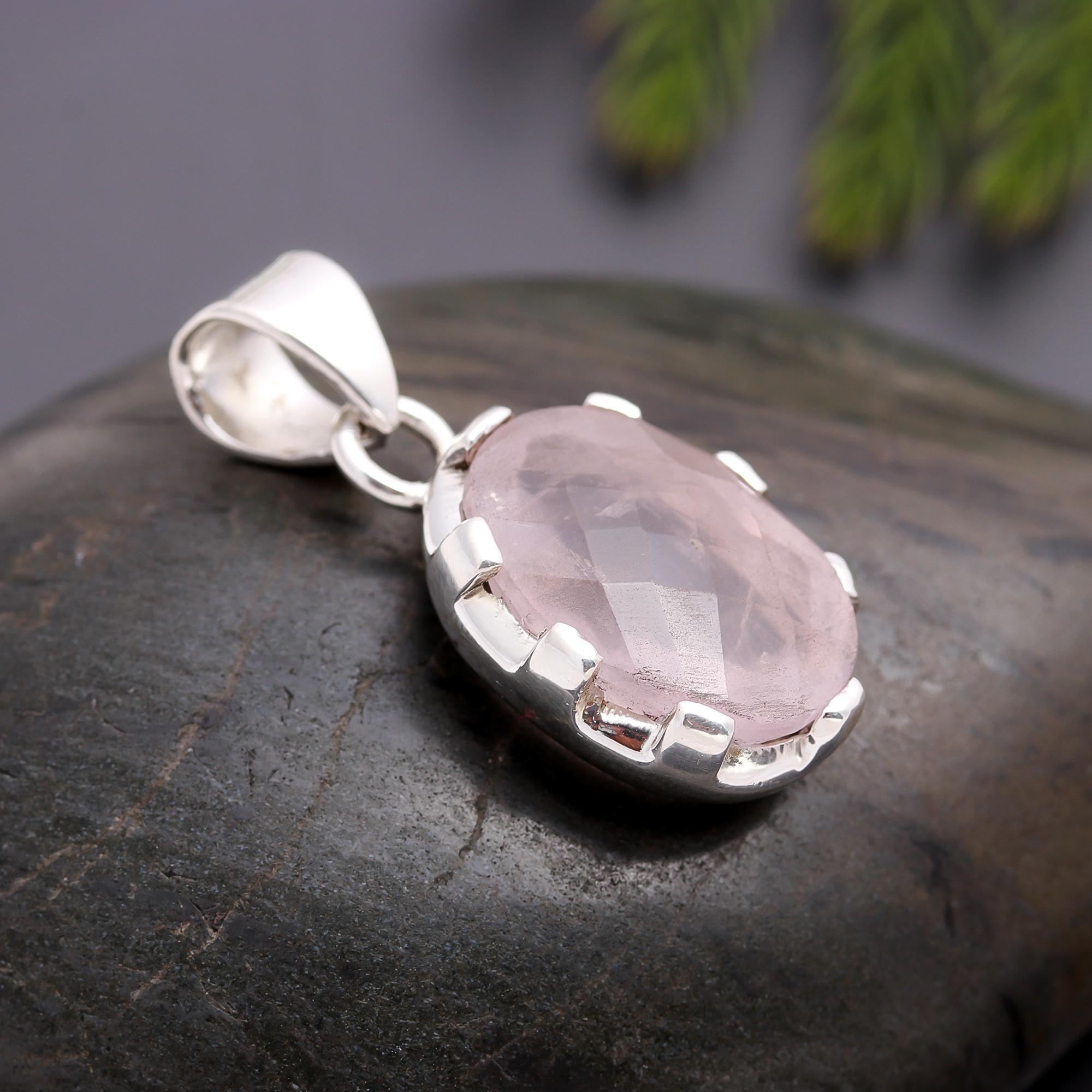 925 Silver Oval Rose Quartz Pendant