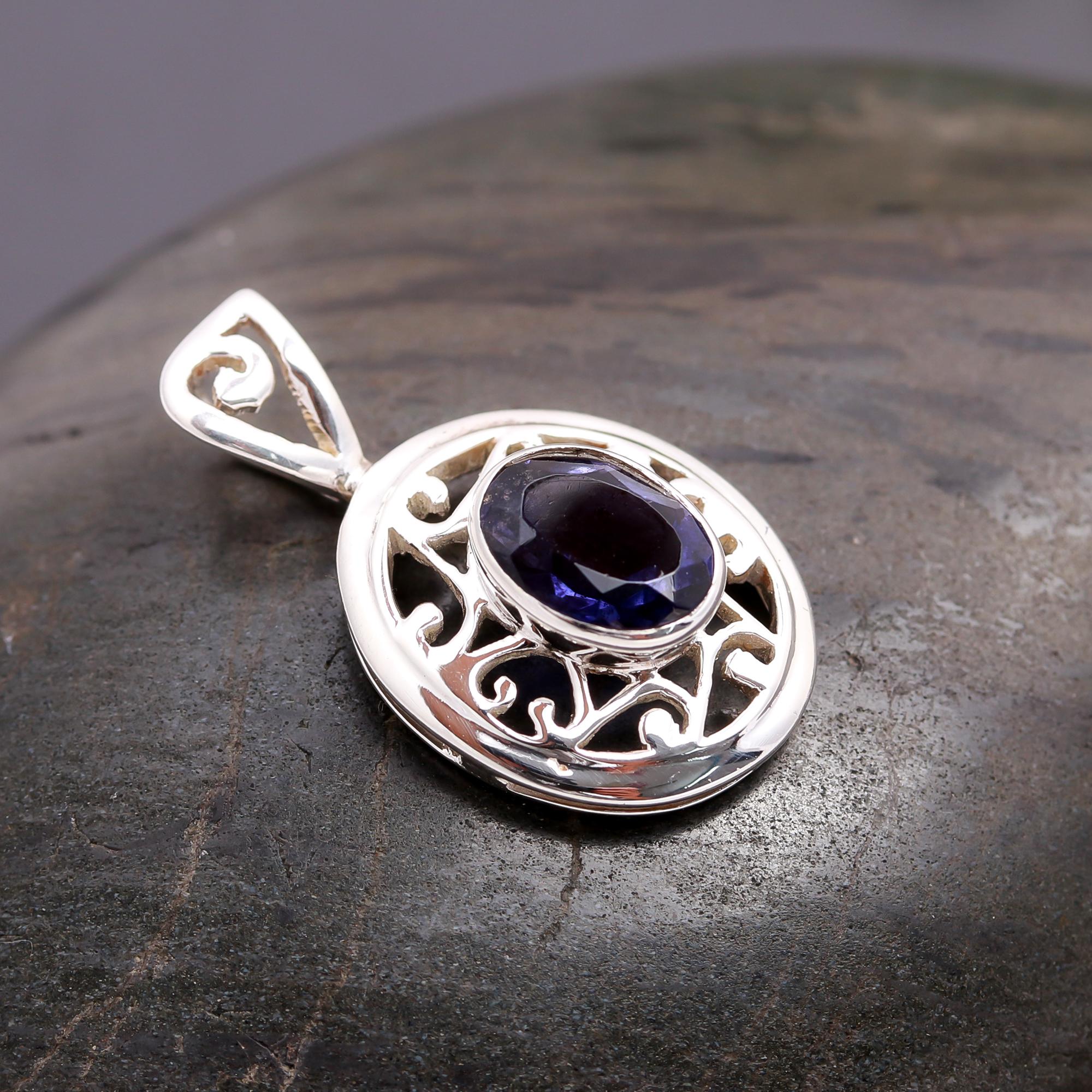 925 Silver Iolite Filigree Pendant