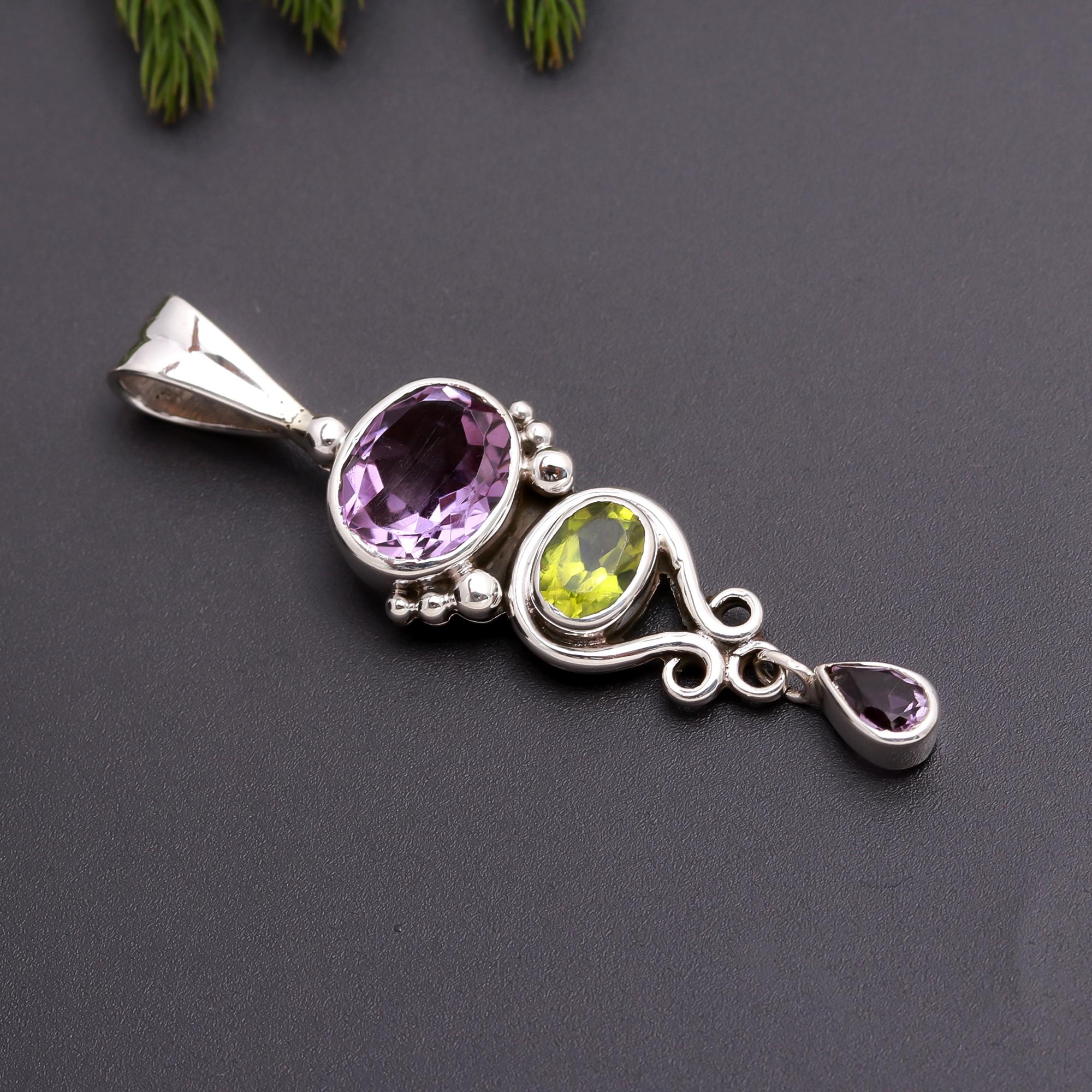 925 Silver Amethyst and Peridot Pendant
