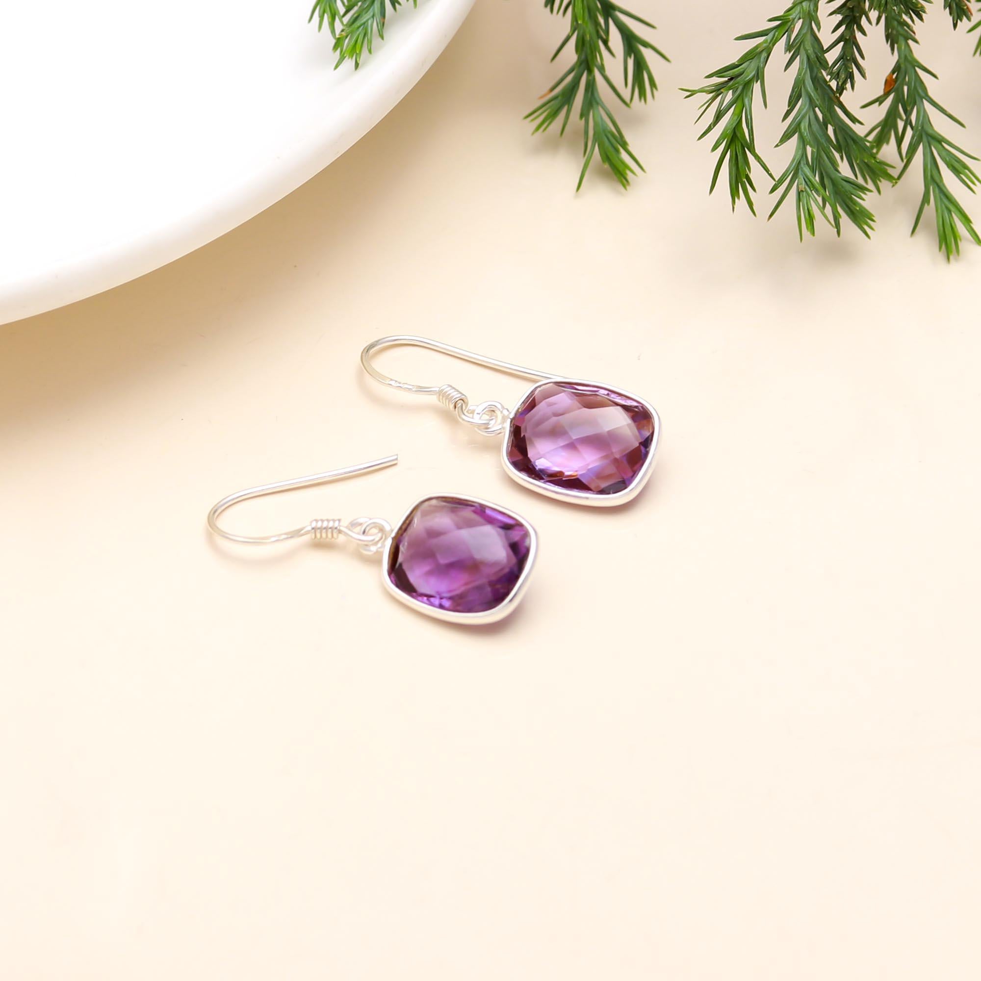 925 Sterling Silver Amethyst Cushion Cut Dangle Earrings