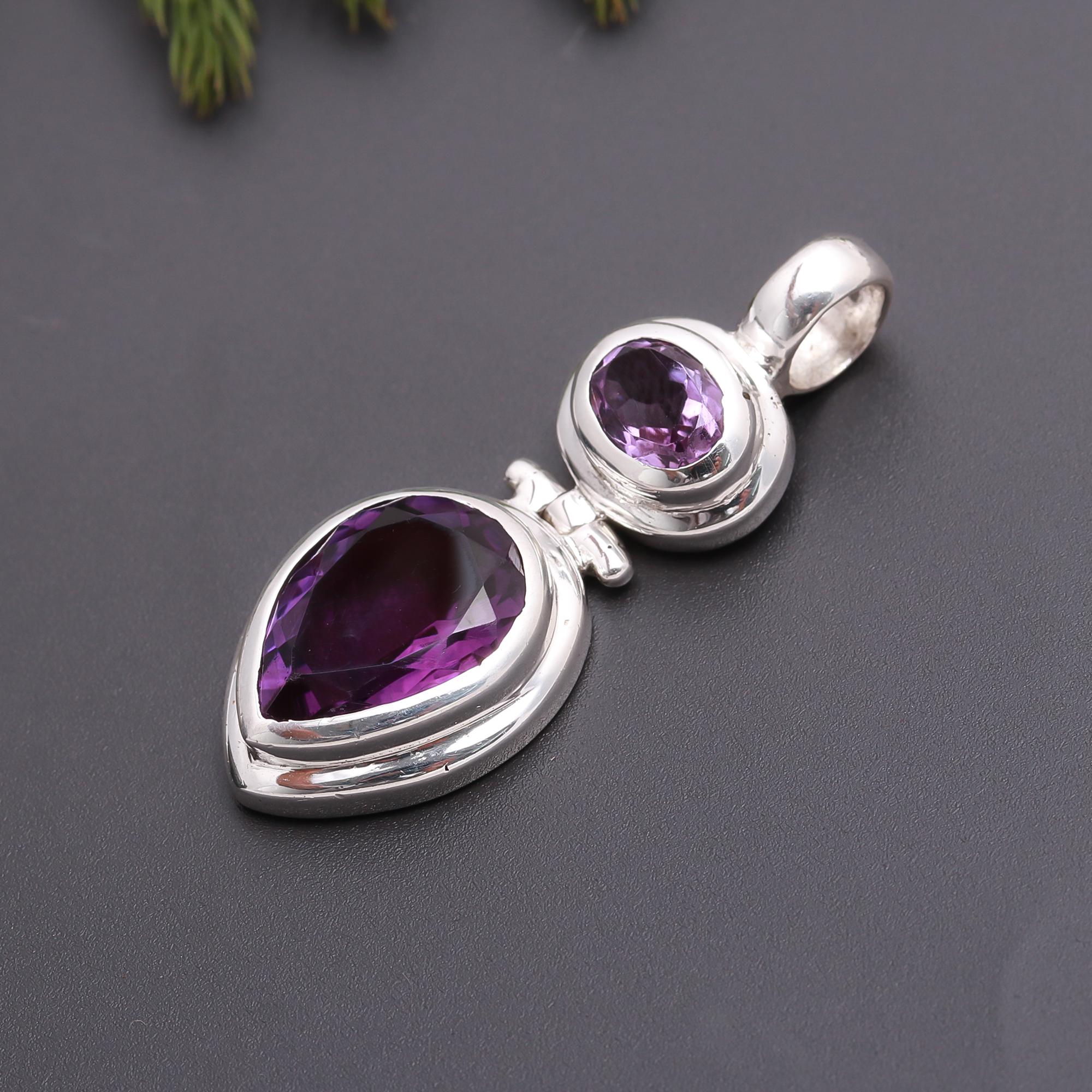 925 Silver Double Amethyst Pendant