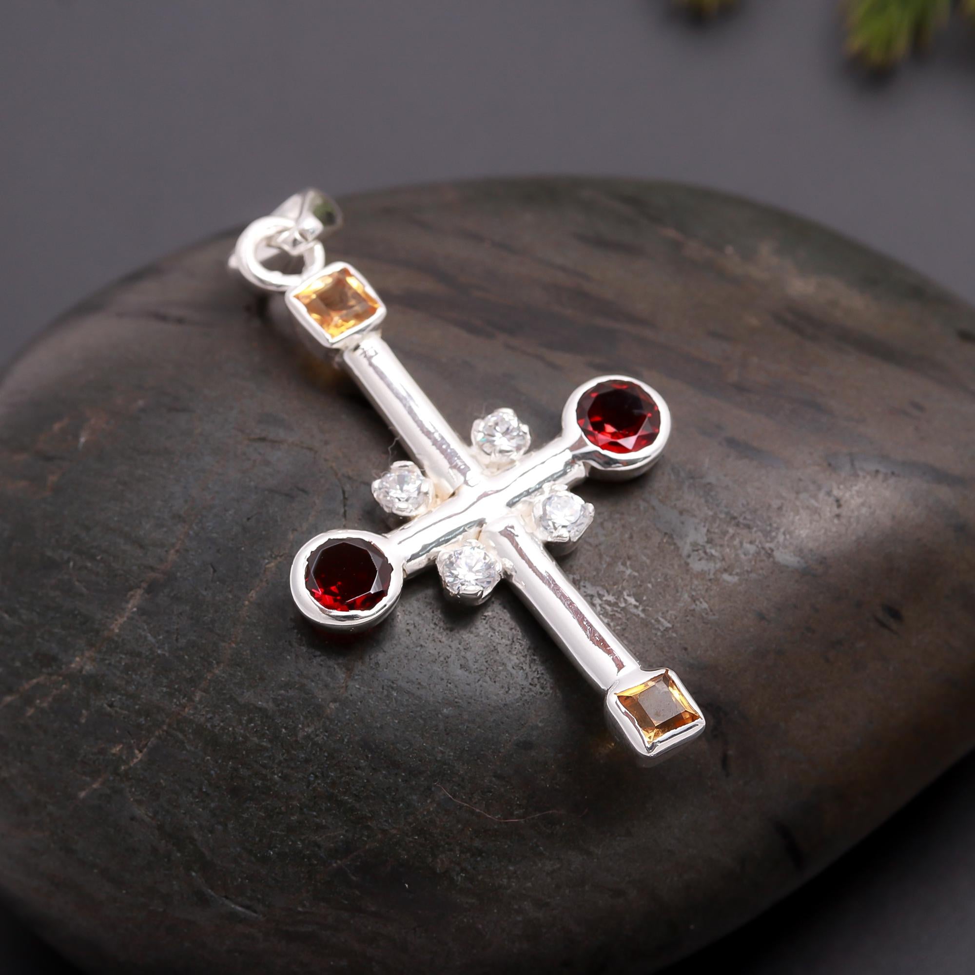 925 Silver Multi-Gemstone Cross Pendant