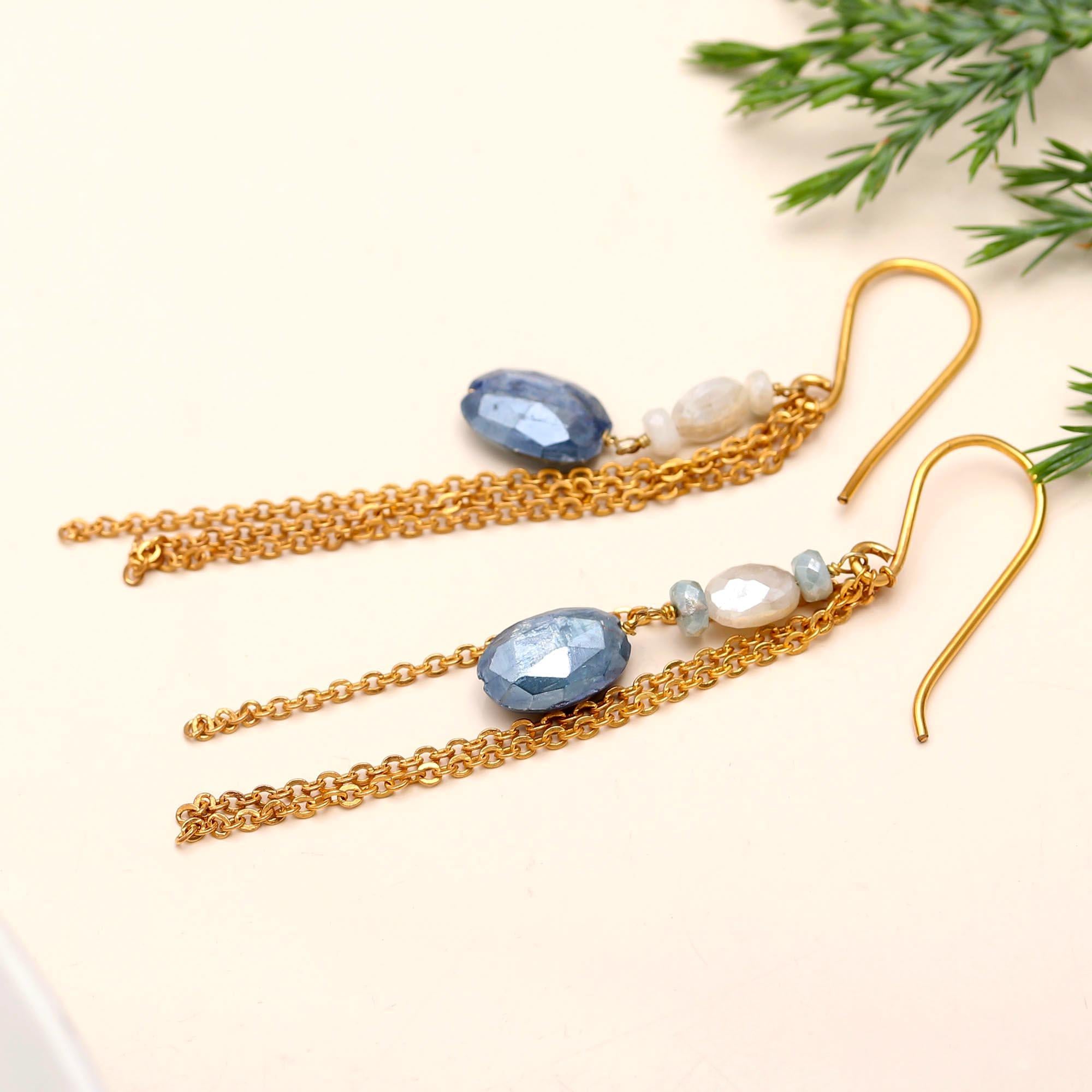 Antitarnish Brass Blue Kyanite Silverite Drop Earrings