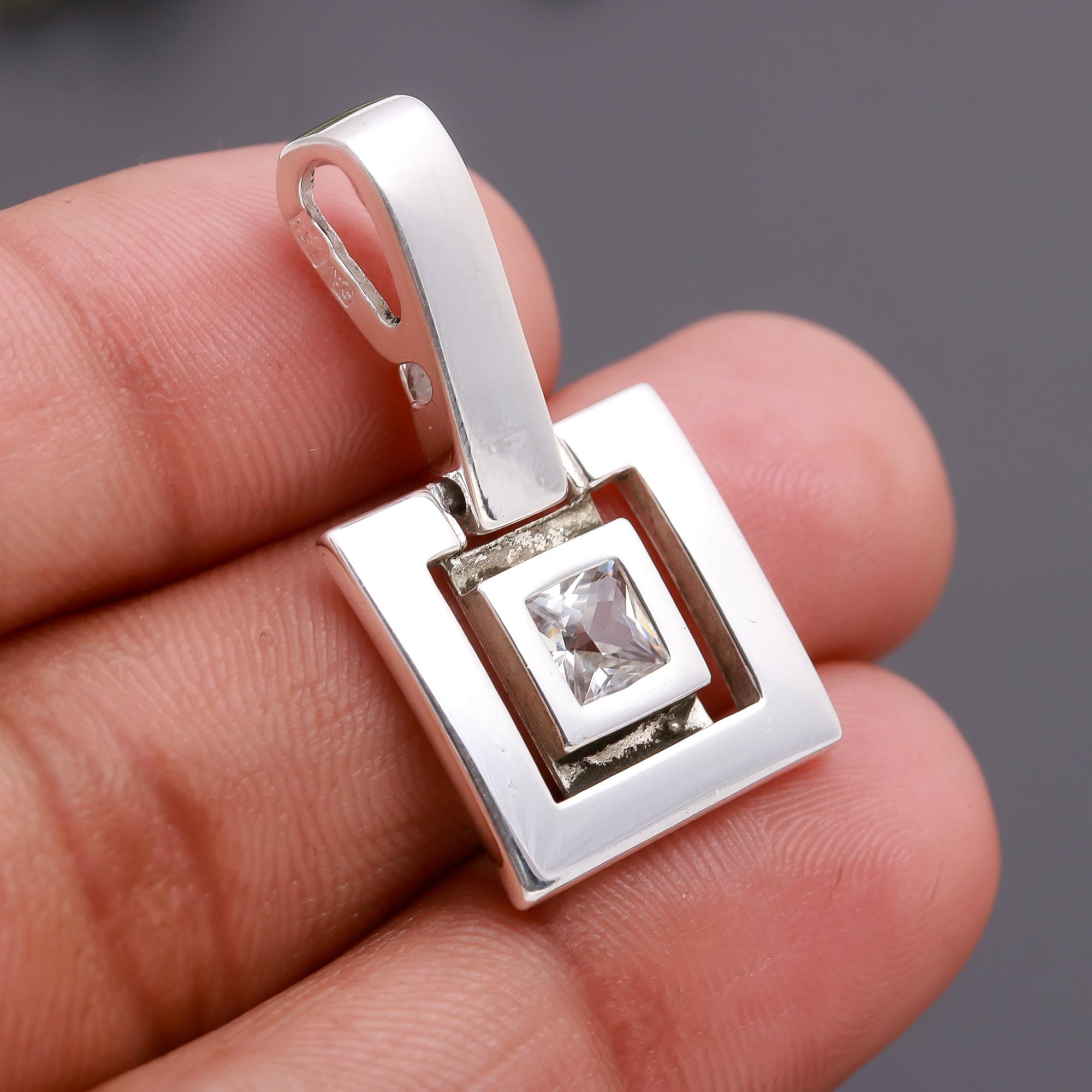 925 Silver Square White Topaz Pendant