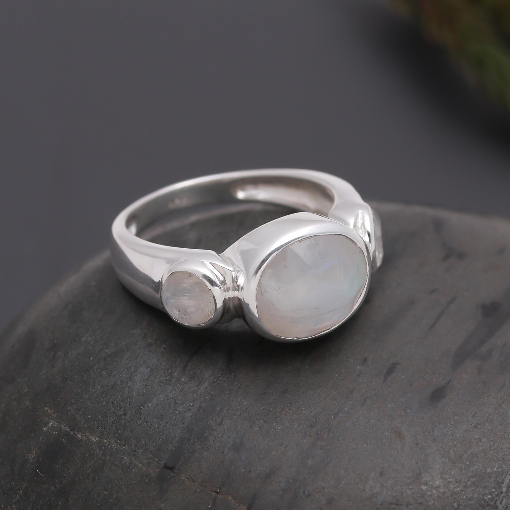 925 Silver Three Stone Moonstone Ring